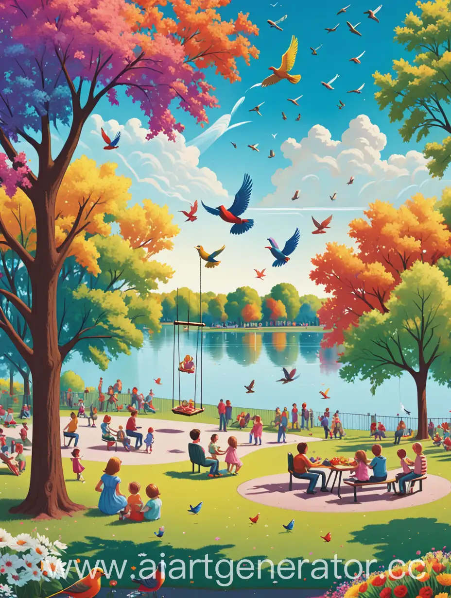 A colorful depiction of a scene in a park with people picnicking, children playing on swings, birds flying in the sky, trees, flowers and a lake.