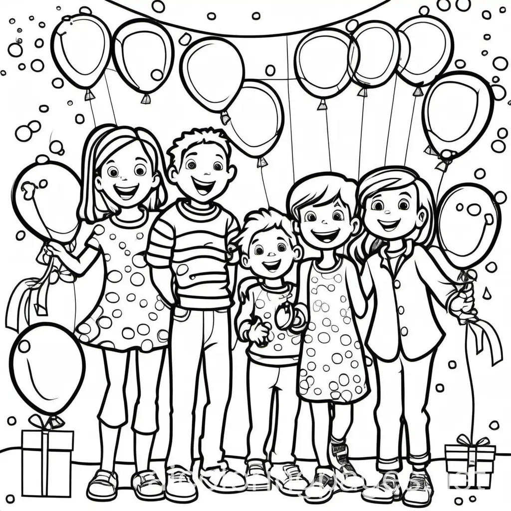 Kids and families at a New Year's Eve party with balloons, confetti, and a clock striking midnight. 2 dimension, low detail, thick lines, no shading., Coloring Page, black and white, line art, white background, Simplicity, Ample White Space. The background of the coloring page is plain white to make it easy for young children to color within the lines. The outlines of all the subjects are easy to distinguish, making it simple for kids to color without too much difficulty