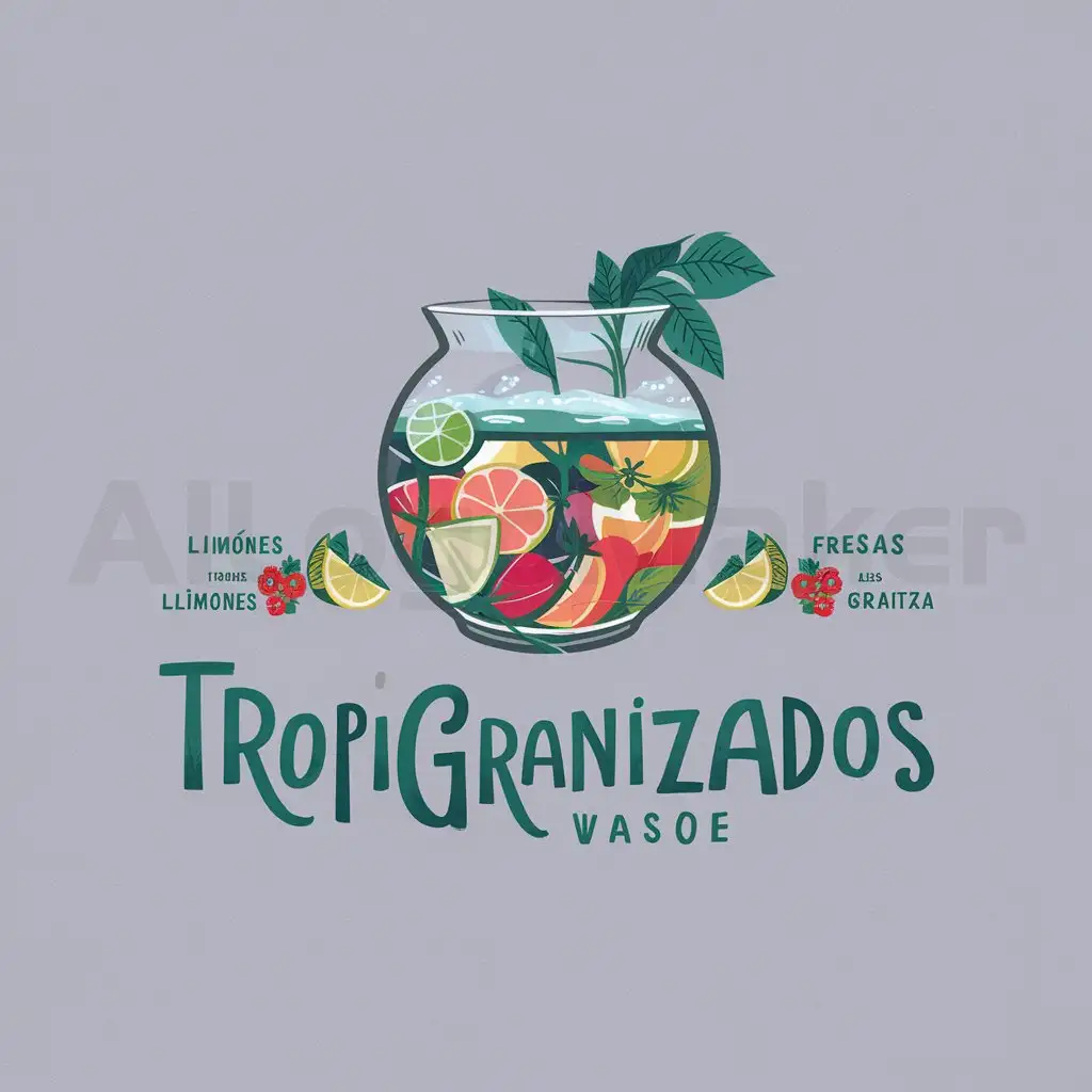 The logo features a frosty glass with a refreshing and crystalline texture, showing the vibrant colors of the syrups. On top of the glass, the name 'tropigranizados' appears in a modern and attractive typeface, with flowing letters as if they were mixed with the liquid of the granita. On both sides of the name, illustrations of fruits or natural ingredients such as lemons, strawberries, mint, among others, can be added to highlight the freshness and natural flavors of the products. The set conveys a feeling of freshness, fun and delicious flavors that invite you to enjoy granitas with syrups.