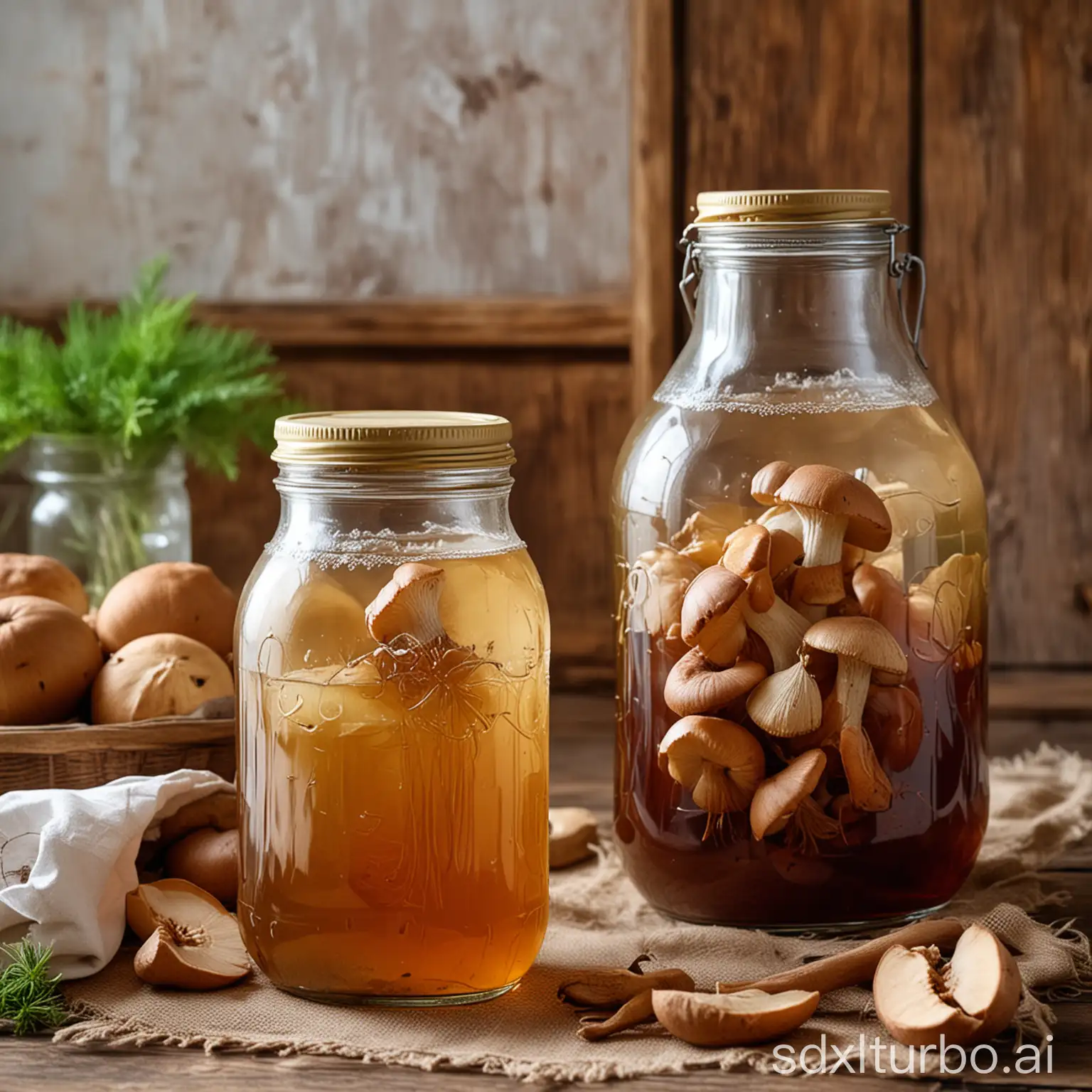 Kombucha in a 1 three-liter jar, Russian kitchen, there are 3 boletus mushrooms on the table next to the jar