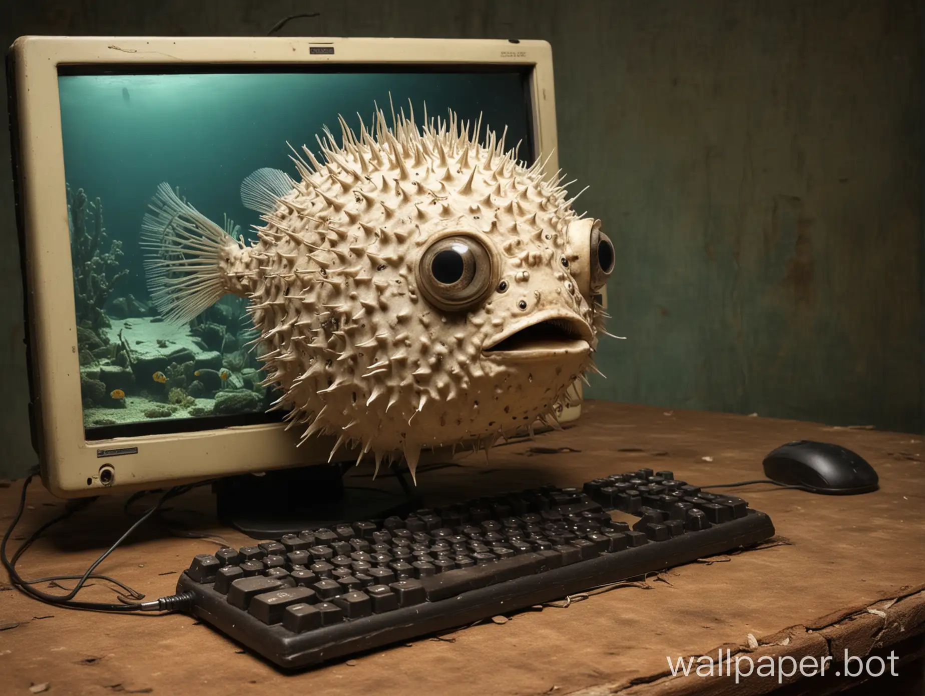 Anthropomorphic puffer fish typing at an old computer.