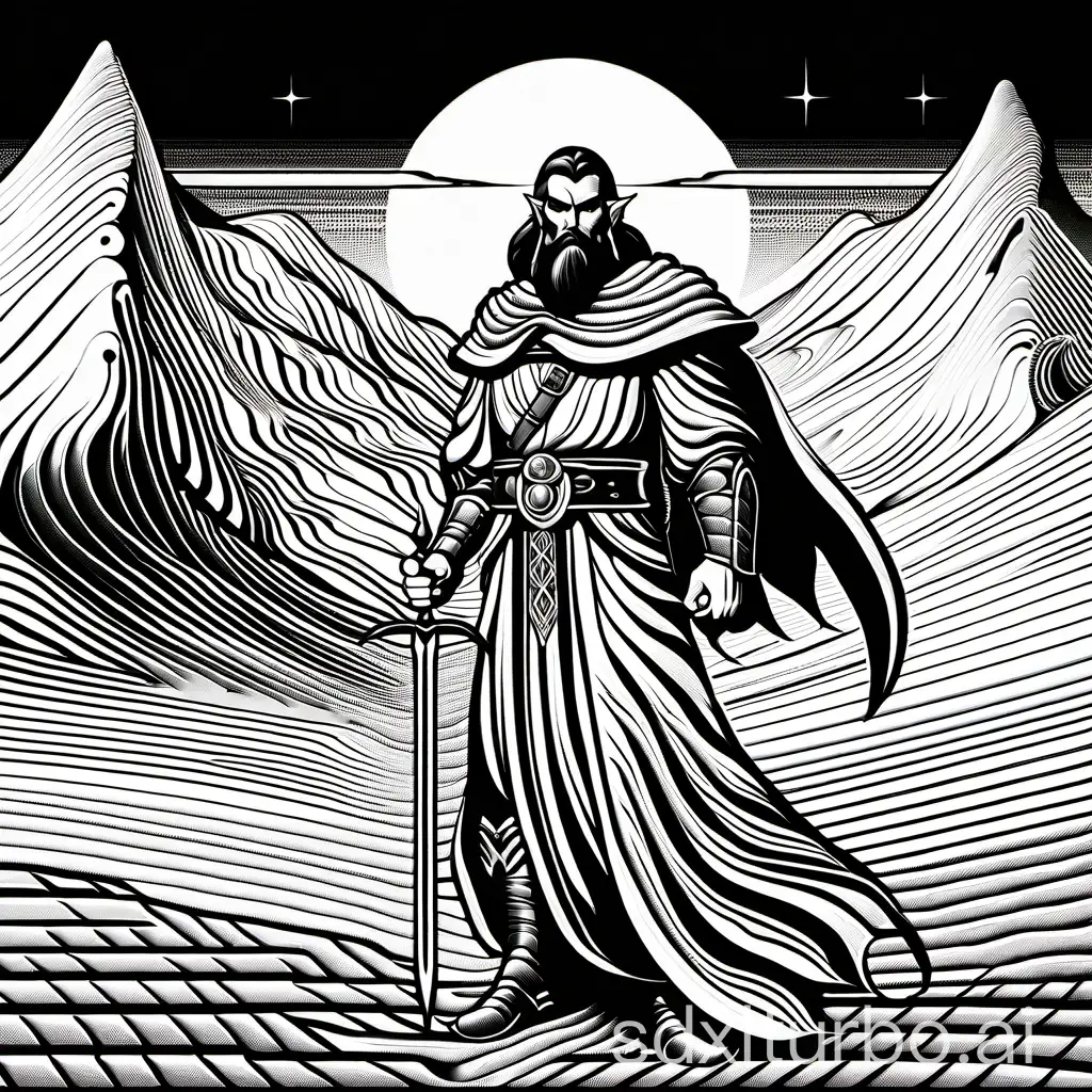 comic line art, elf warrior, black hair, robe, in a desert, exaggerated expression, full body, vintage black and white ink, 2bit vector, high contrast, heavy lines, loose thick lines, exaggerated visible crosshatching, black frame, abstract, fantasy, style of classic AD&D, by Jeff Dee, by Erol Otus, by Larry Elmore, by Jeff Easley,