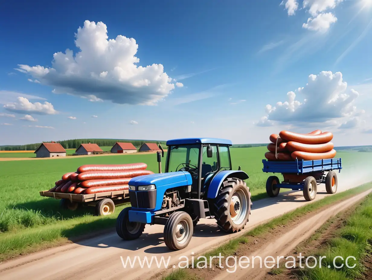 Rural-Landscape-with-Blue-Tractor-Dragging-Huge-Sausage-Cart