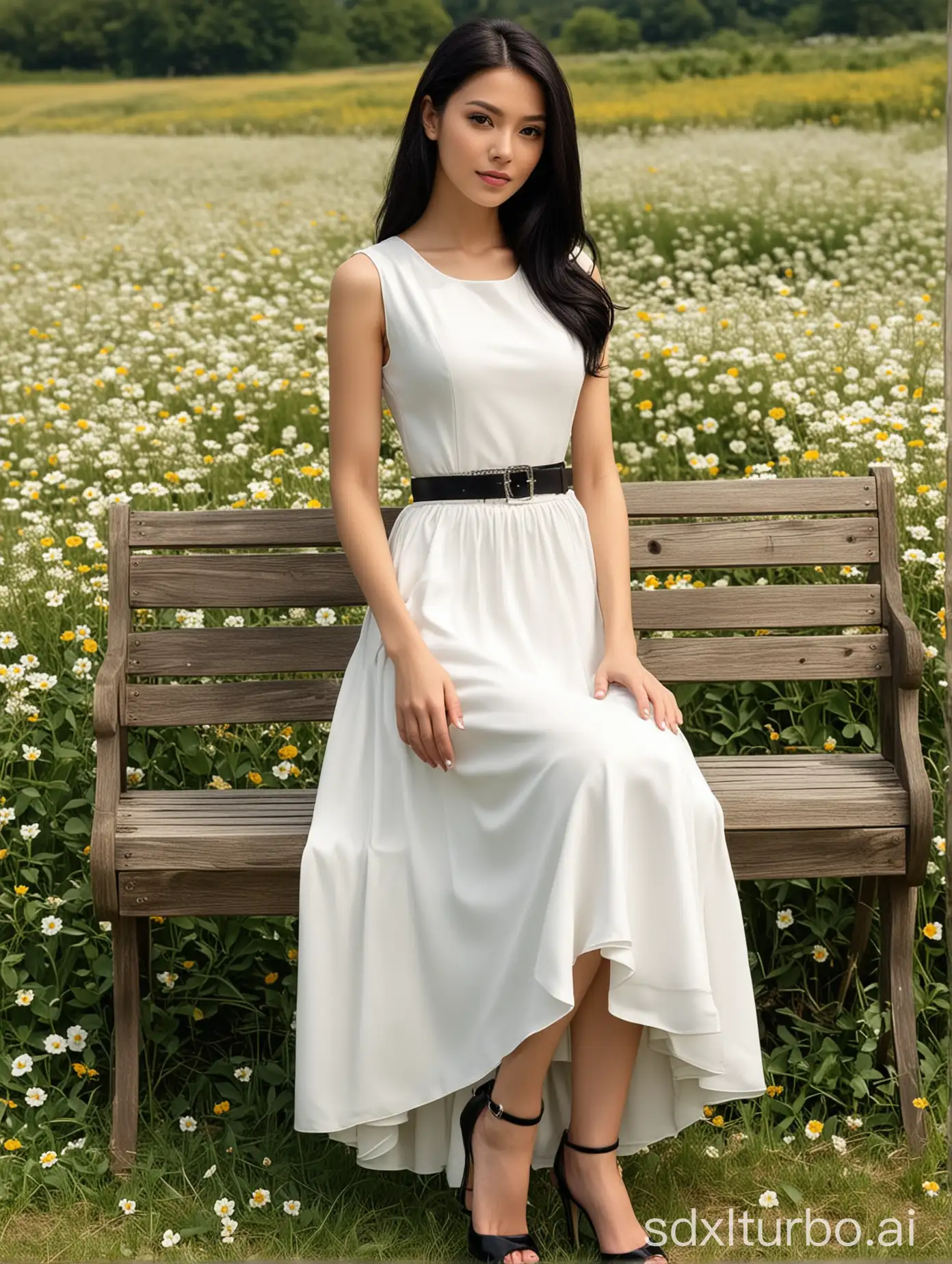 Character: A tall, slim young girl with black eyes and long black hair, wearing a stunning pure white long dress with no sleeves. The waist features two belts. The dress adopts a round neckline and sleeveless design, with a skirt hem extending to the ankles, highlighting the elegance of the attire. Dress details: Made of polyester fiber, capable of slimming the waist. Pose: Sitting at the room's table; Shoes: Matched with delicately designed peep-toe high heels, complementing the dress's style. Background: In a field full of blooming flowers