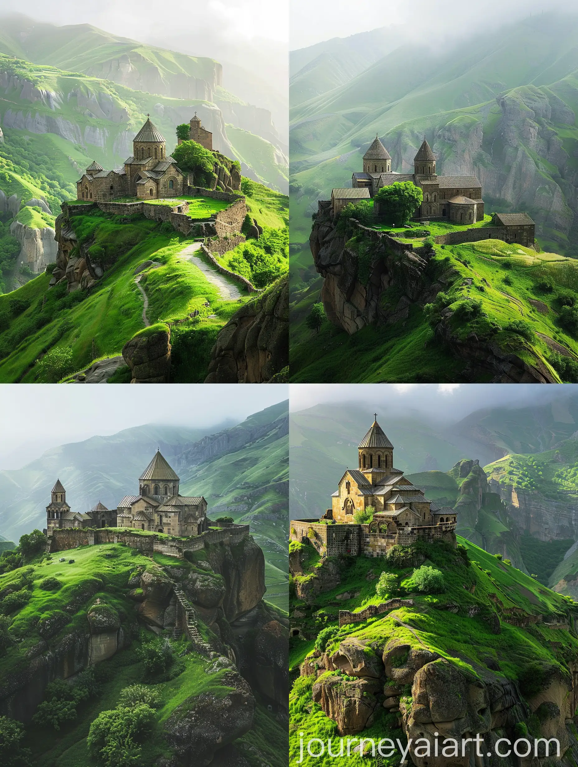 Armenian-Ancient-Monastery-on-Lush-Mountain-in-Morning-Light