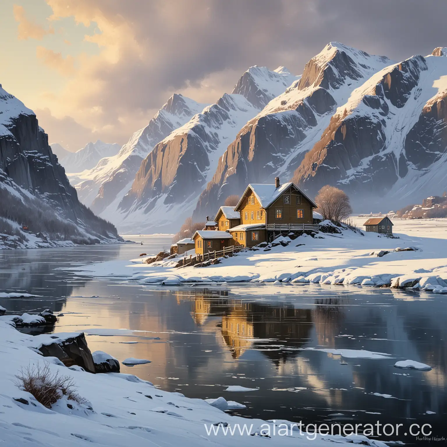 картина зимний фьорд с домиком на берегу
