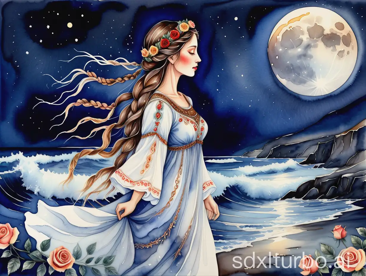 A mesmerizing watercolor painting that captures the essence of Bulgarian folklore, featuring a woman with long, braided brown hair. She wears a glowing cosmic white dress adorned with intricate embroidery, and her head is crowned with a wreath of roses and golden coins. The artist masterfully portrays her walking gracefully through the Rose Valley under the moonlight, surrounded by a magical atmosphere. The dark blue color of the Black Sea with moonlight and waves in the background is depicted using watercolor pour techniques, creating a vibrant blend of moonlight hues. The romantic theme is heightened by the stunning hyper-realistic soft colors and the dreamy, ethereal quality of the artwork.