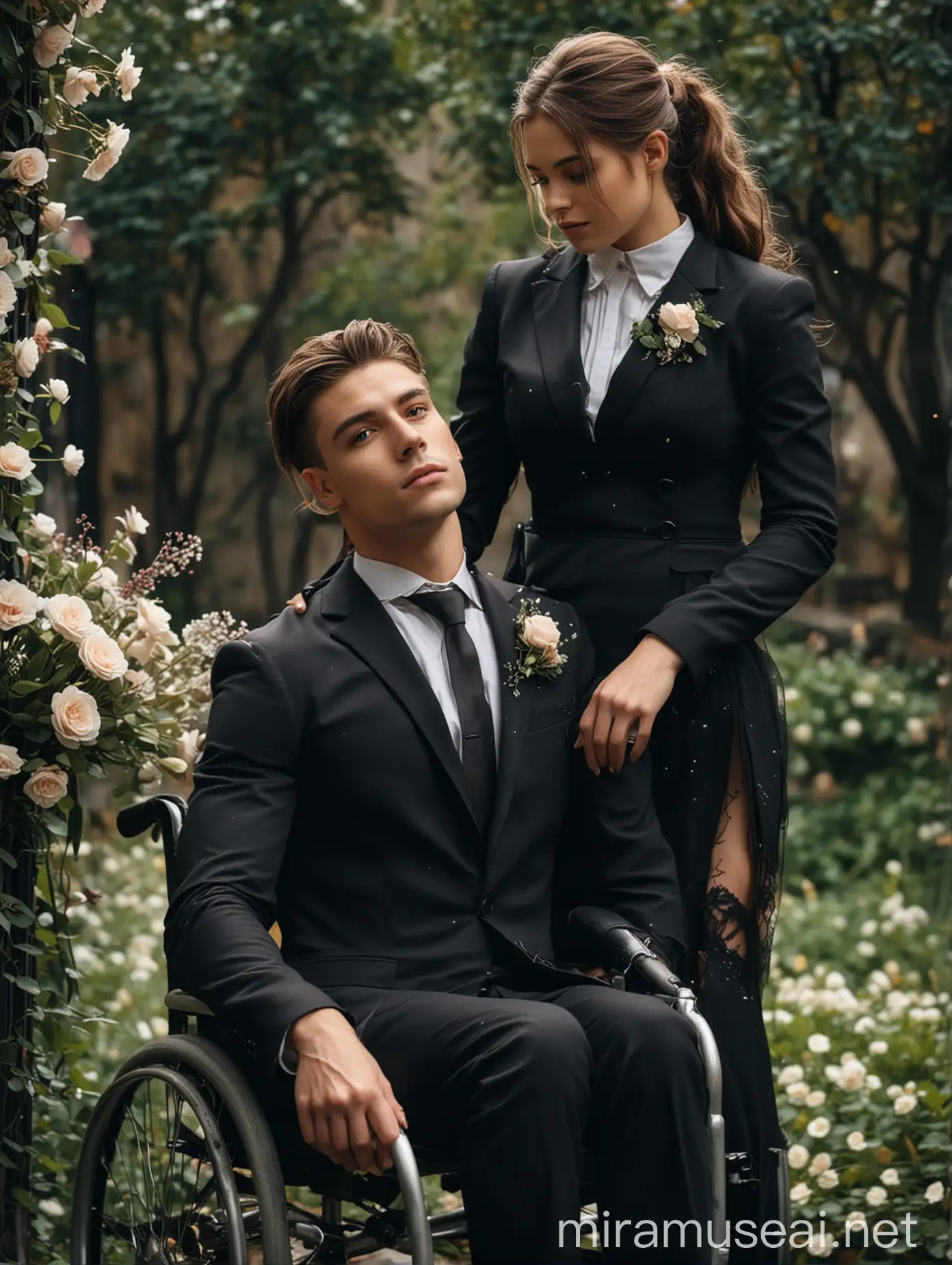 A beautiful lady in black fitted dress, standing behind a crippled handsome young muscular man in suit, that is sitting on a wheelchair, holding him romantically with flowers falling around them