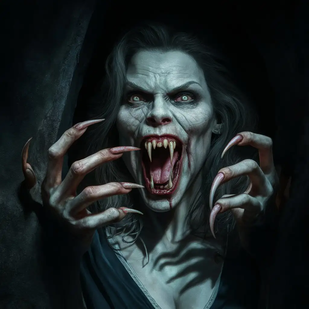 Menacing Vampire Woman Emerging from Darkness with Terrifying Fangs