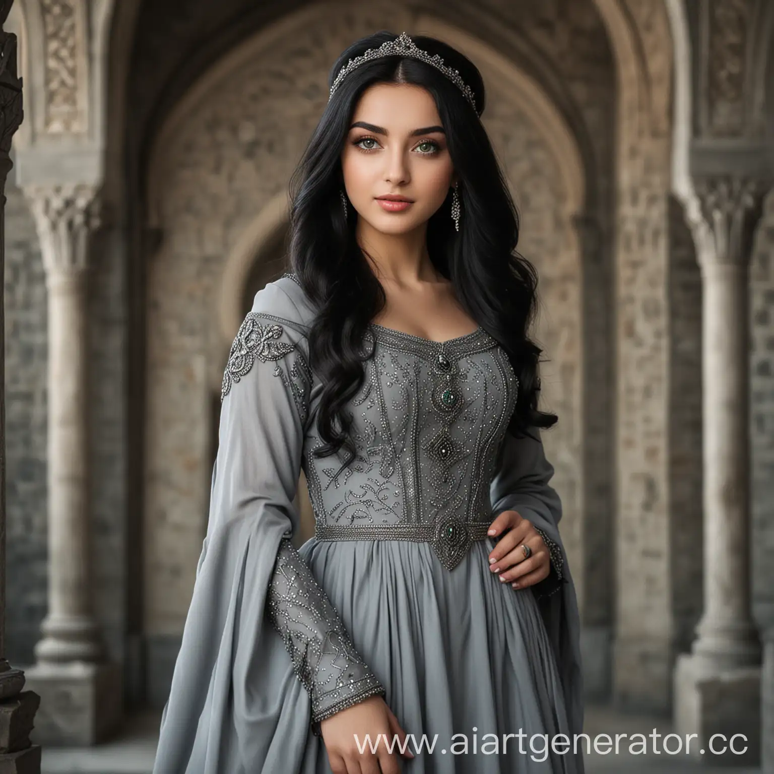 Elegant-High-Middle-Ages-Portrait-of-Nurbana-Sultan-in-Gray-Dress-with-Green-Eyes