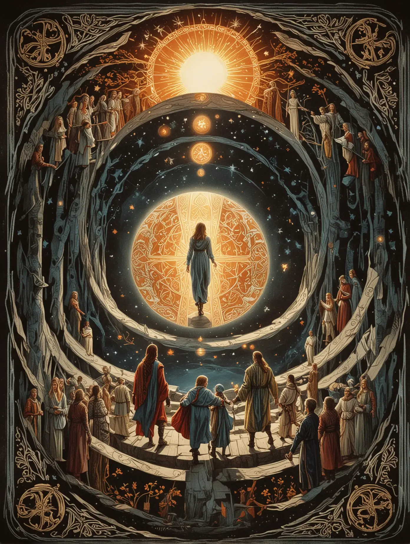Slavic-Style-Tarot-Card-with-Symmetrical-Figures-Approaching-Glowing-Sphere