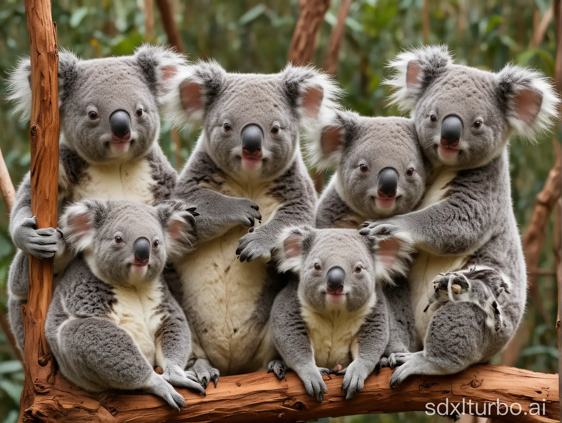 Group-of-Playful-Koala-Bears-Hanging-Out-in-a-Eucalyptus-Forest