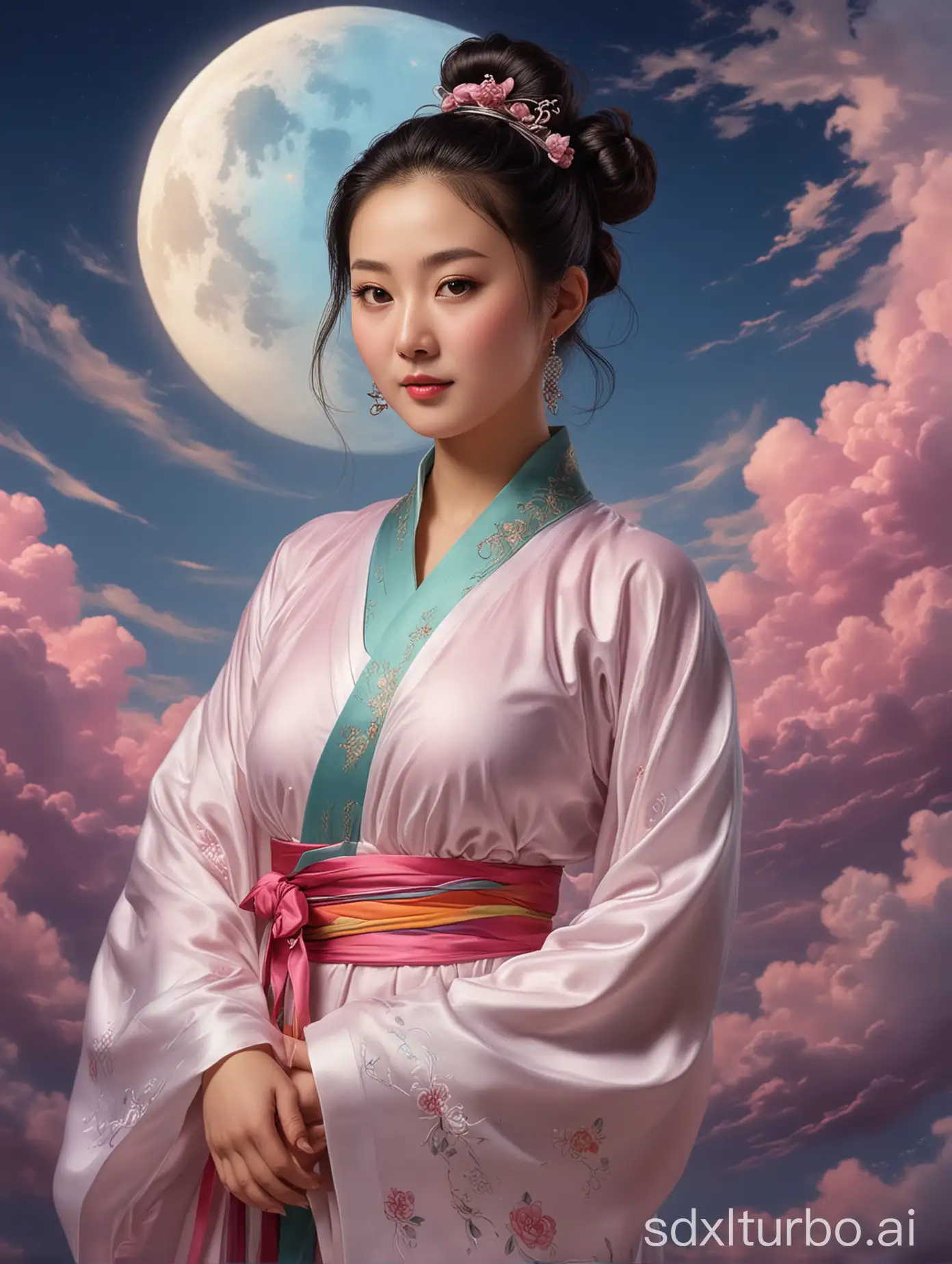32-year-old Chinese woman, with a curvaceous figure and attractive features, cold and elegant, with Tianshan Dongjiu style, bun, ribbon, barefoot, clear moon, colorful clouds.