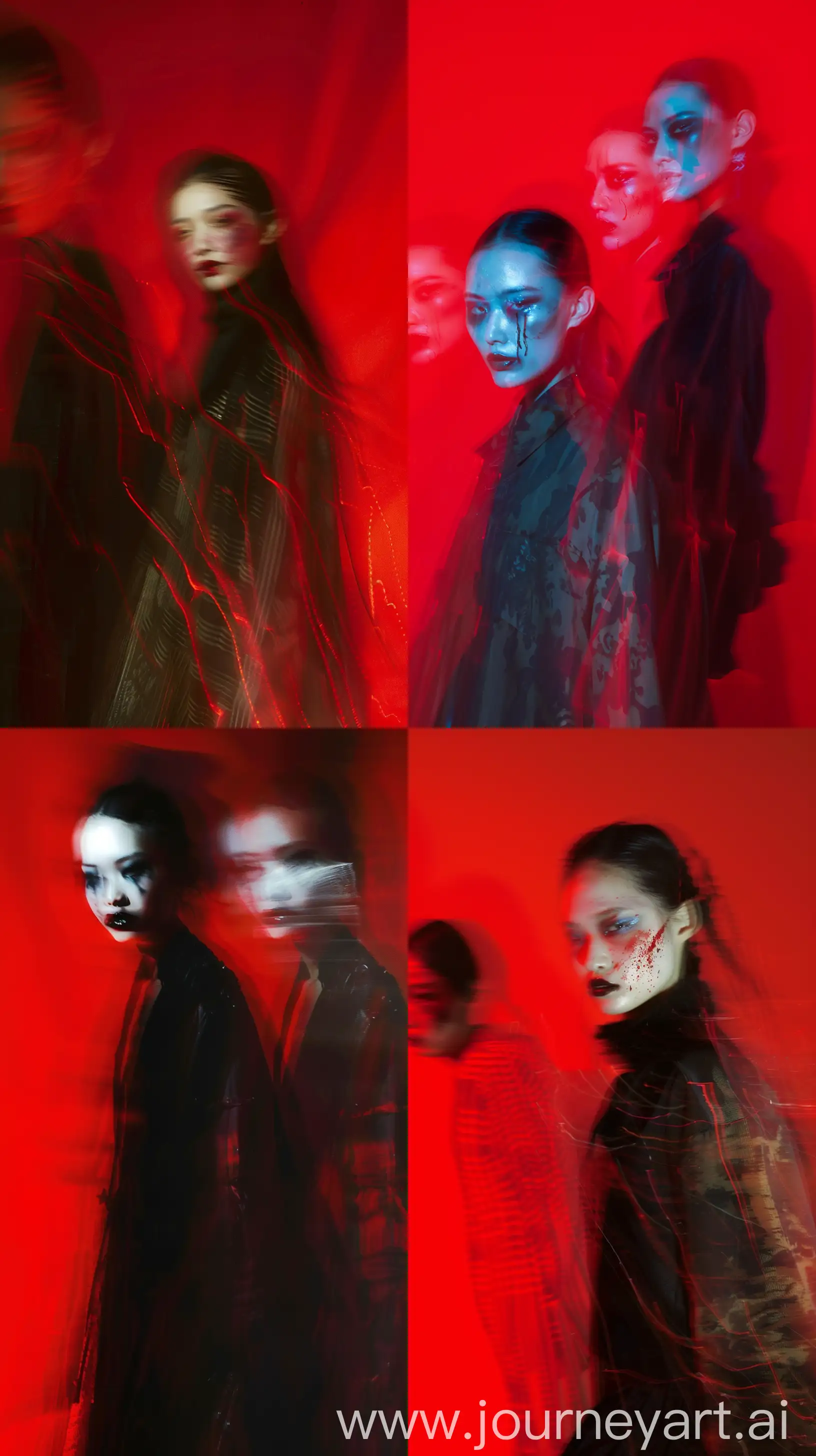Create image image, blurred oriental balenciaga female models figures are depicted against a red background. wounded make up, The motion blur creates a ghostly, ethereal effect, with clothing details obscured. One figure in the foreground appears to be wearing a oversized horror high fashion blackout,  The lighting and blur lend a mysterious, almost haunting quality to the scene, nocturnal fashion scene --ar 9:16