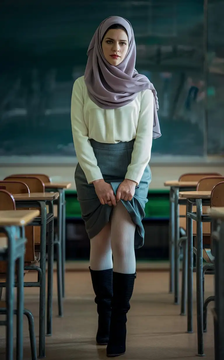 Hijabi turkish woman, teacher, knee below skirt, blouse, rear view, petite body, small height, black heeled knee long boots, white opaque tights, in classroom
