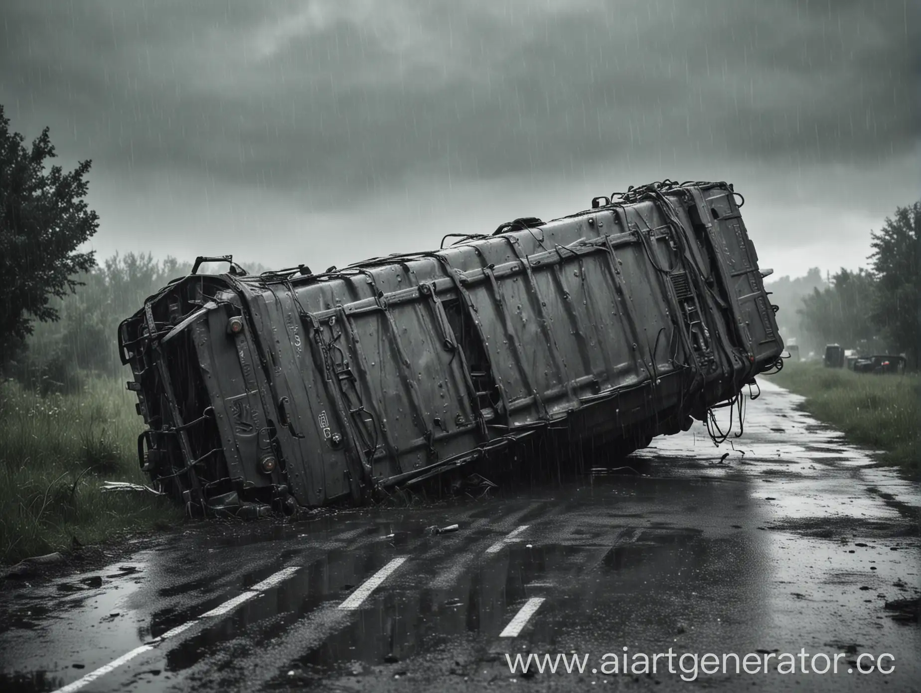 An overturned truck, a lot of rain and fear, gray tones, an  