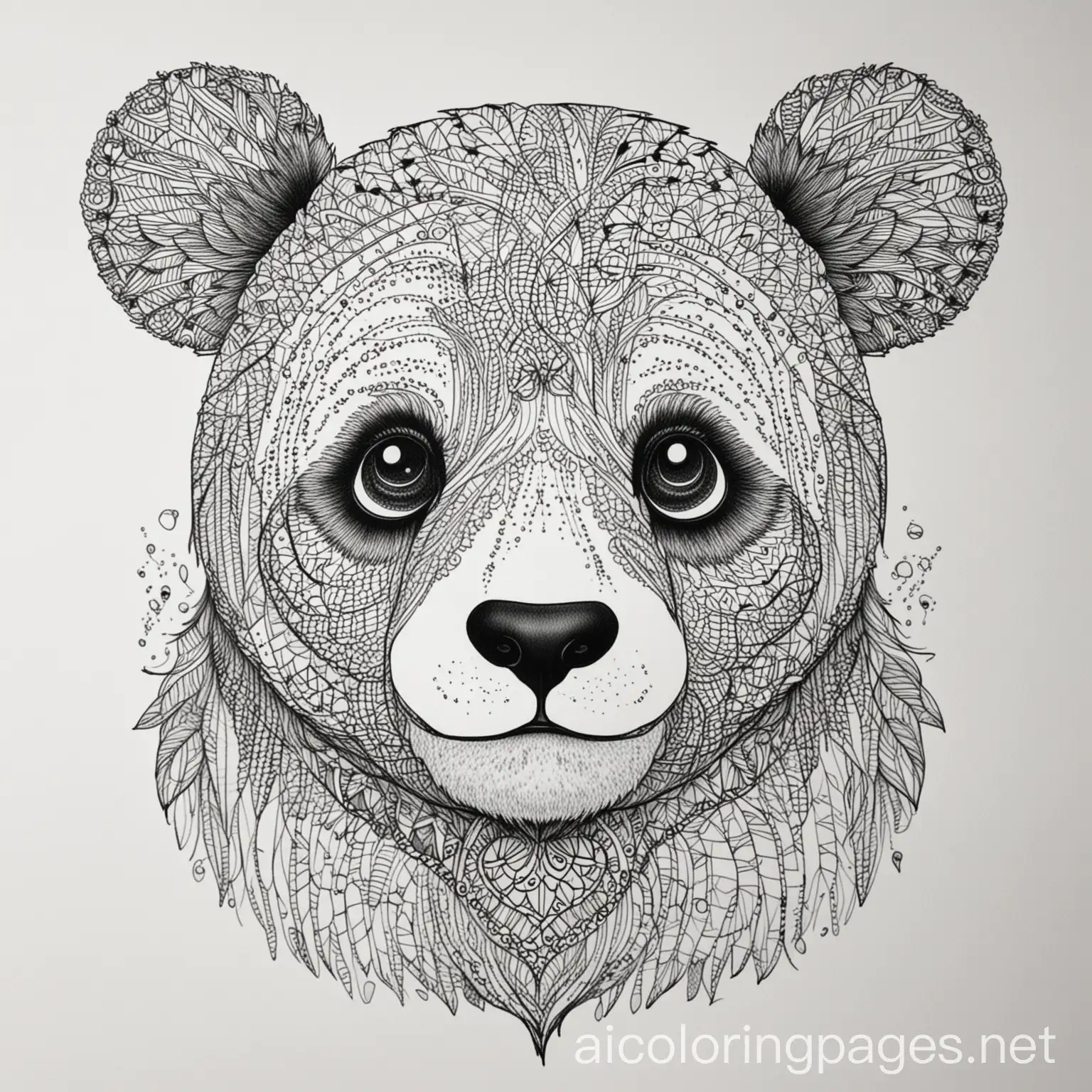 Zentangle panda, Coloring Page, black and white, line art, white background, Simplicity, Ample White Space. The background of the coloring page is plain white to make it easy for young children to color within the lines. The outlines of all the subjects are easy to distinguish, making it simple for kids to color without too much difficulty