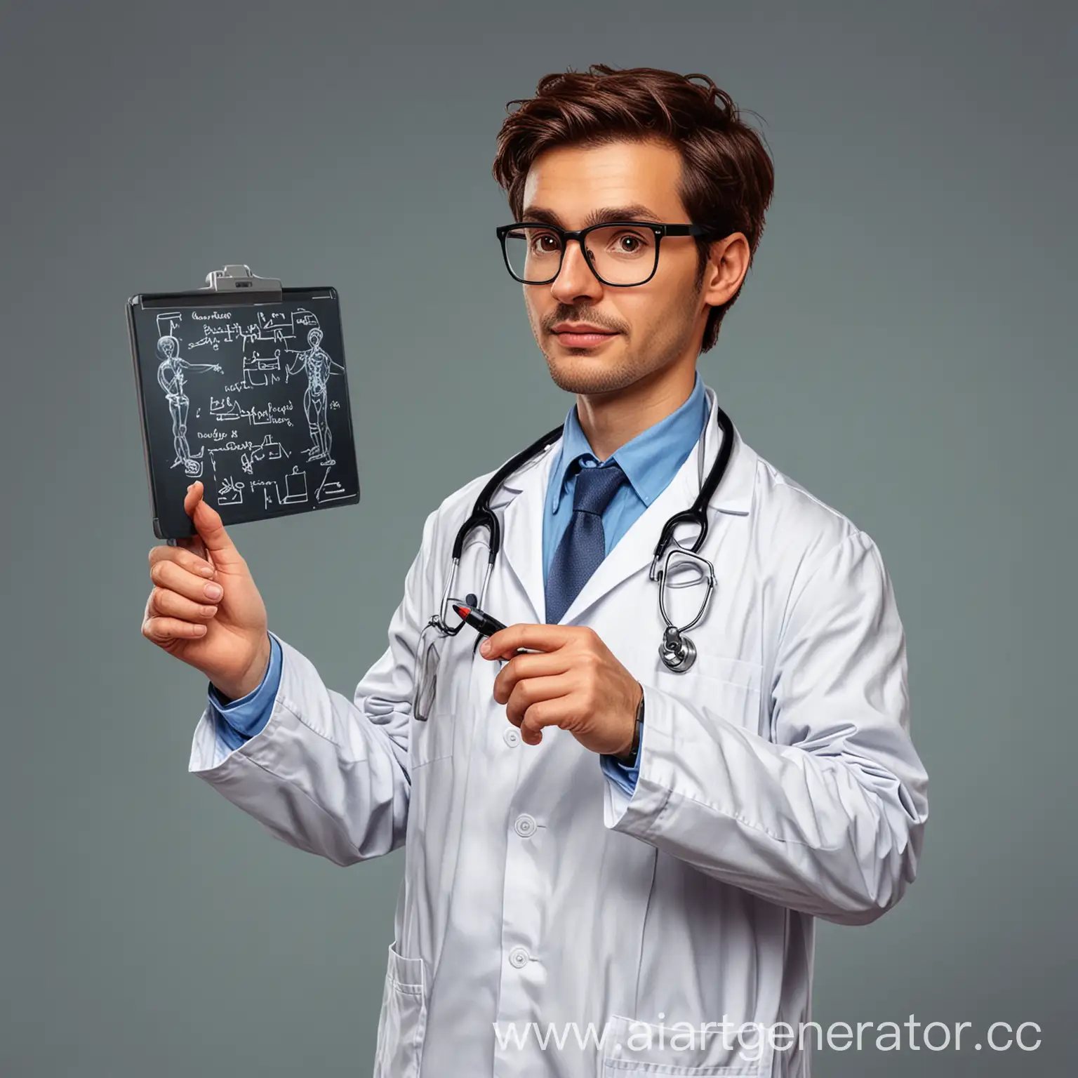 Doctor-Blogger: An illustration of a doctor recording videos about medical innovations, holding a marker board.