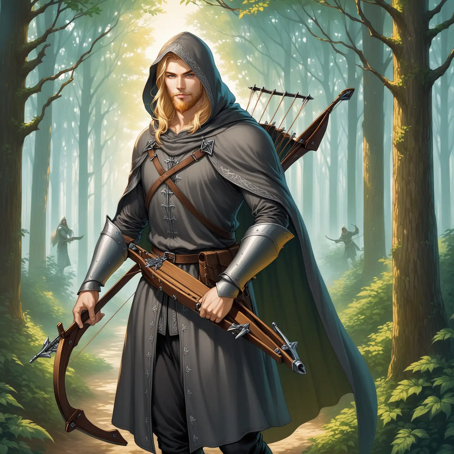 lean young man, beard, long blond hair, Medieval crossbow, black gray clothes with hood and cape, forest, fantasy art