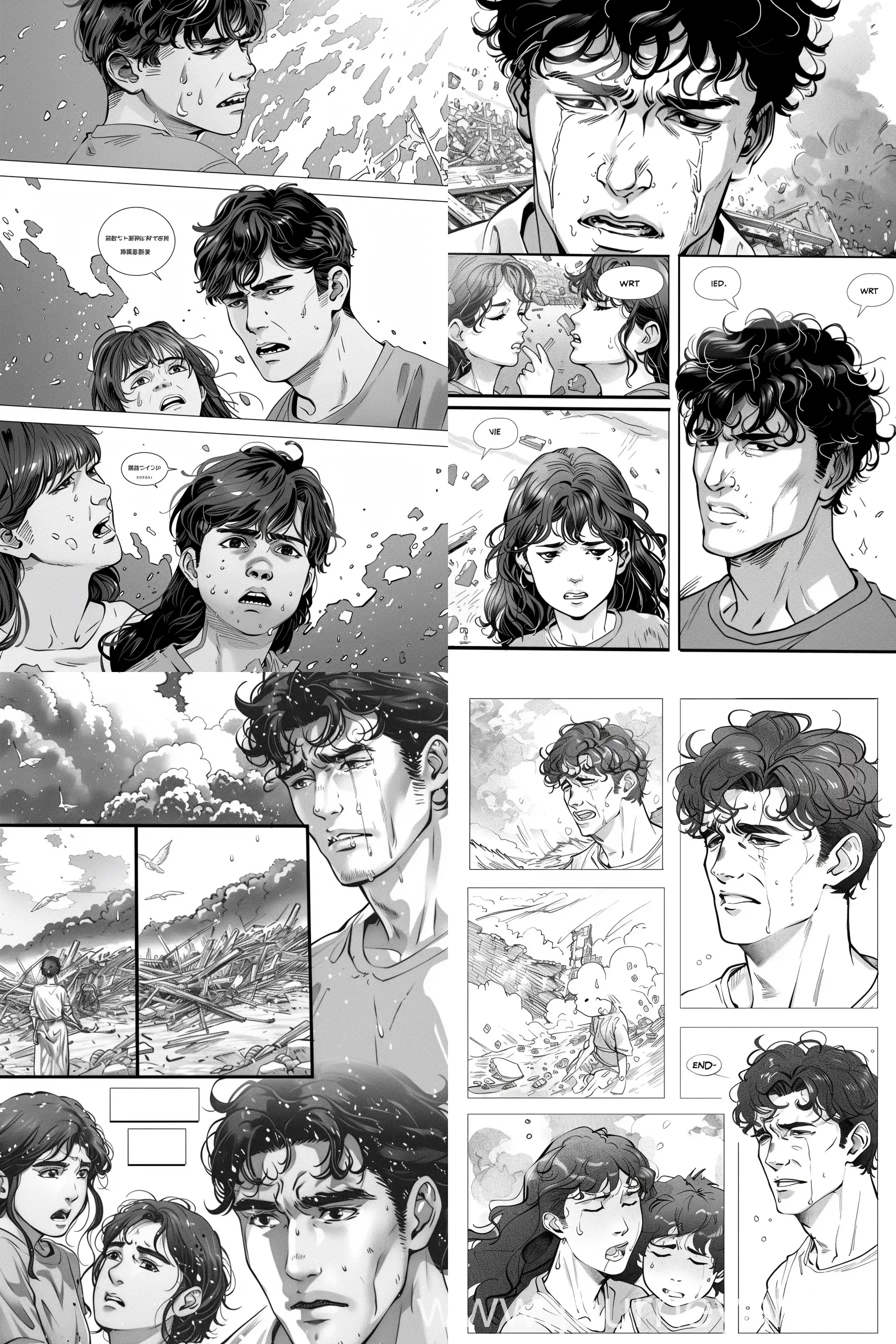 Manga style page,create 4 or 5 pictures,black and white,a child crying with his mom due to war and destruction, then a 40 year old man who has defined jawline and wavy hair,small nose and normal eyes comes to the child and promises him he will end the war,add dialog box. --ar 2:3 