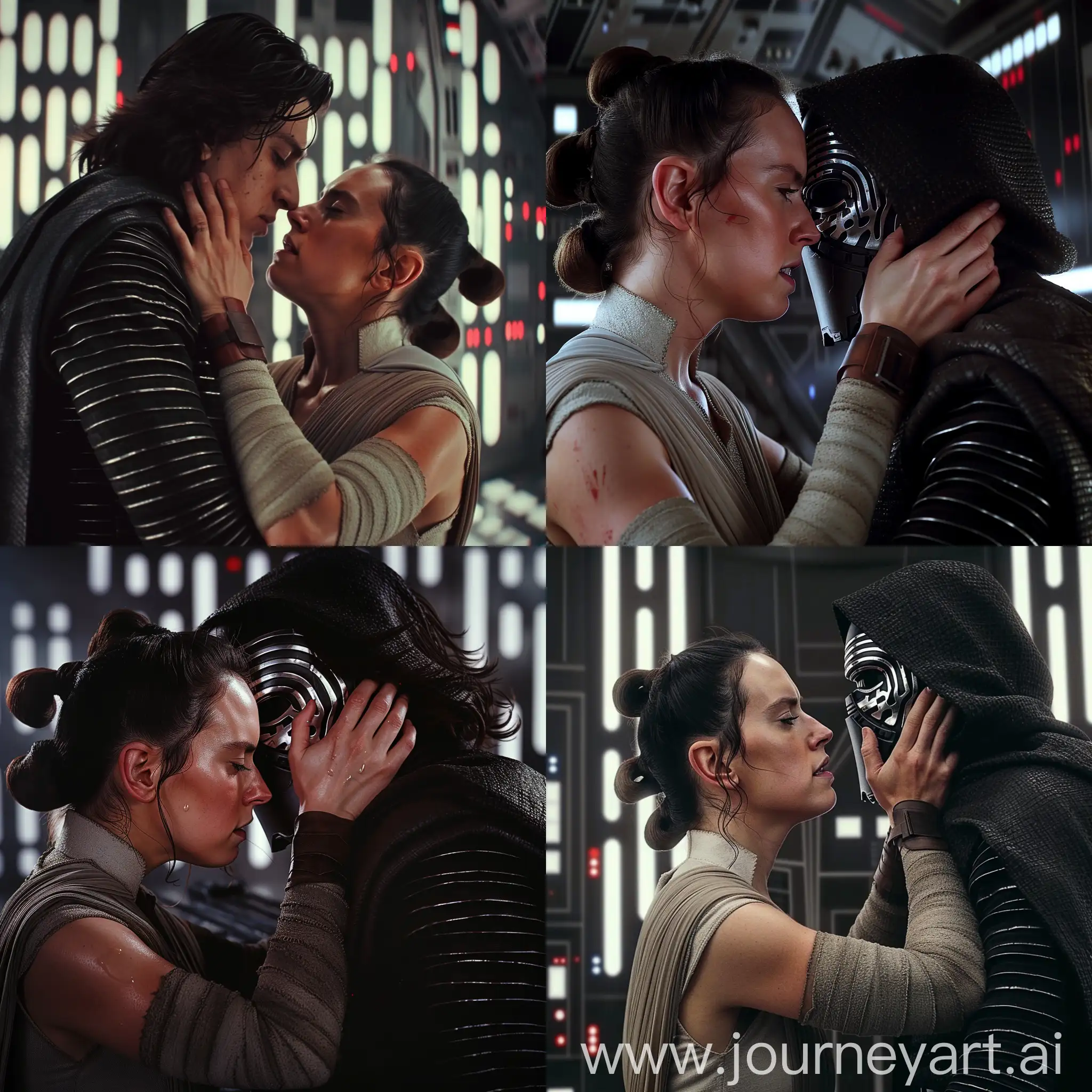 hyper-realistic images from the new Star Wars film, with Rey Skywalker facing Kylo Ren face to face with her hand squeezing his neck, in Spaceship 8k resolution