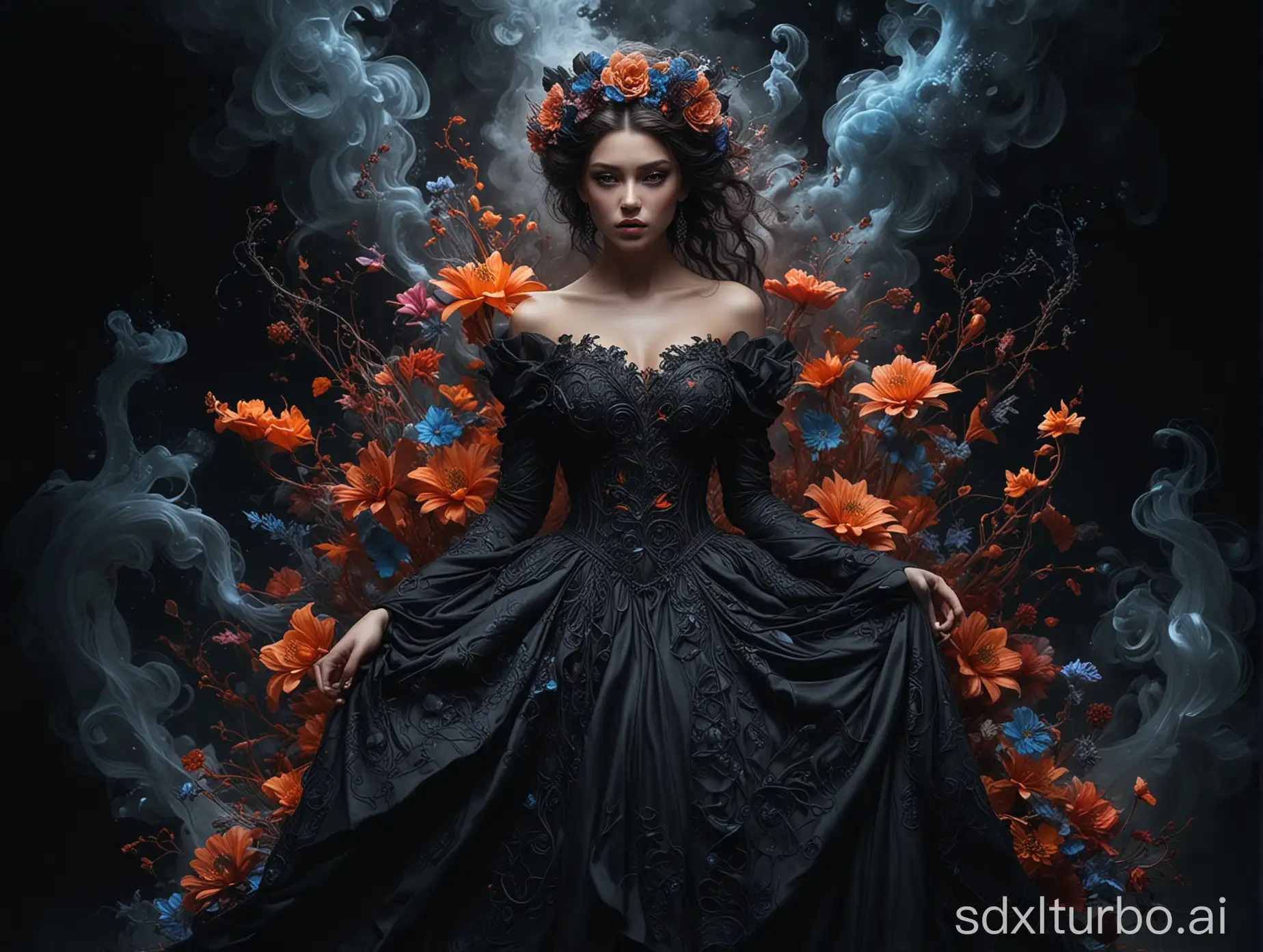 Enigmatic-Woman-in-Vibrant-Gown-mesmerizing-in-Dark-Fantasy-Poster