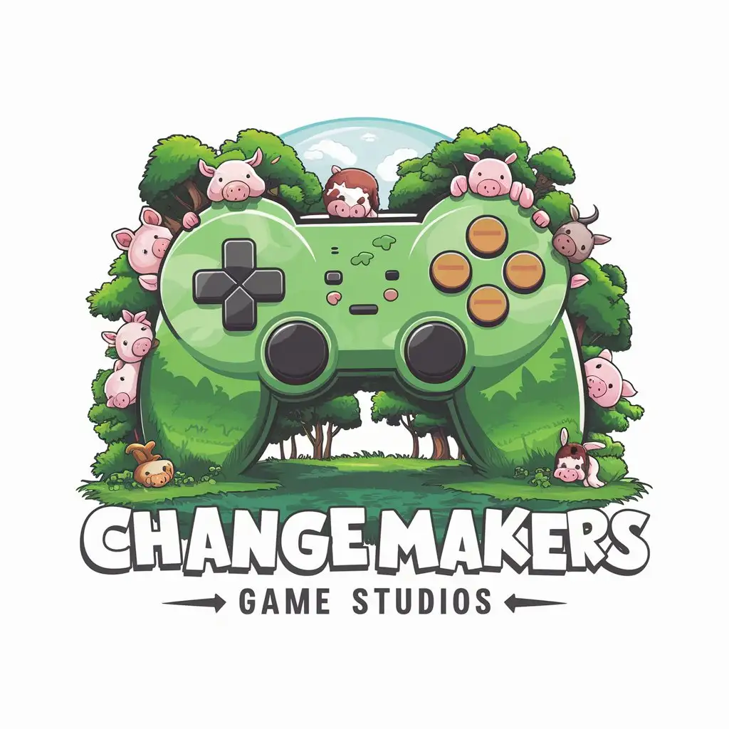 a logo design,with the text "Change Makers Game Studios", main symbol:Giant game controller in a forest with a few small cute cows, pigs and rabbits peering out around the sides of the controller and sitting on the top,Moderate,be used in Entertainment industry,clear background