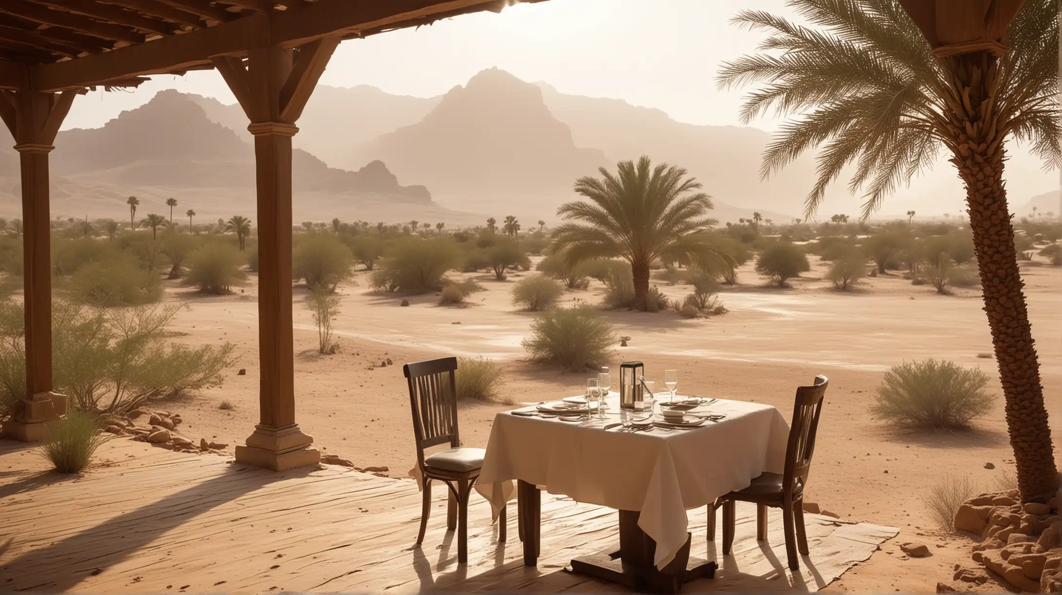 restaurant at a desert oasis, overlooking the oasis, fancy but run down, outdoor dining area with table for one, tablecloth on table, worn floor. There is an aura of mystery and a sandstorm is blowing.