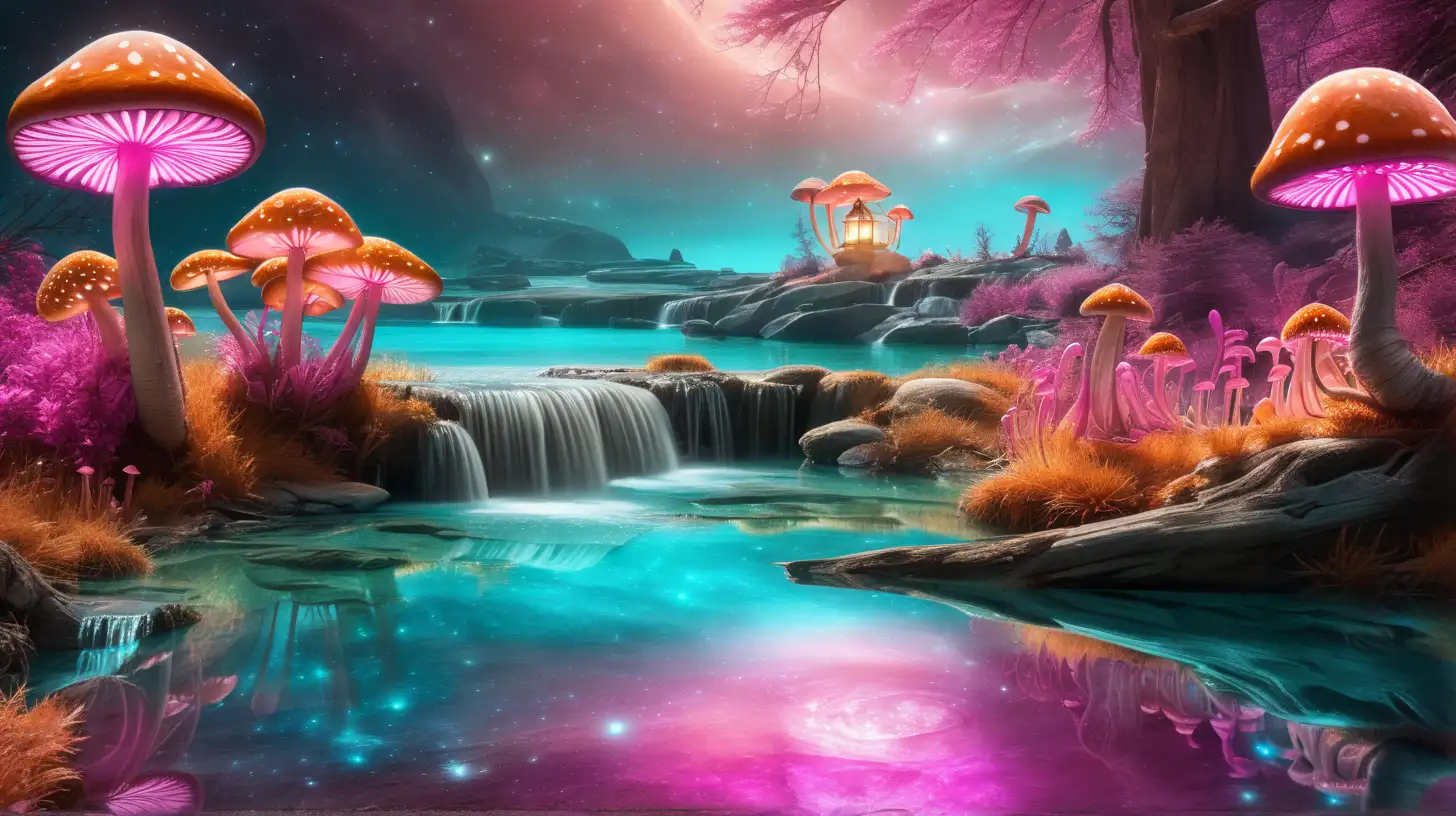 florescent fairytale Orange and Pink and magenta mushrooms in the daytime golden dust and a magical turquoise glowing lake and waterfall of luminescent  magenta flowers, planets and galaxies and magenta fire vintage lantern