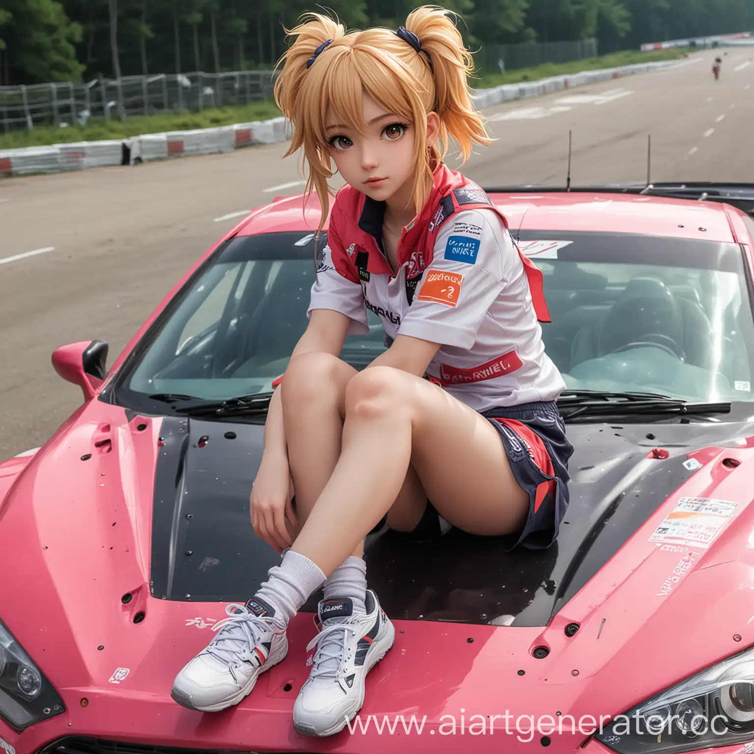 the rally car has an anime girl sitting on the hood