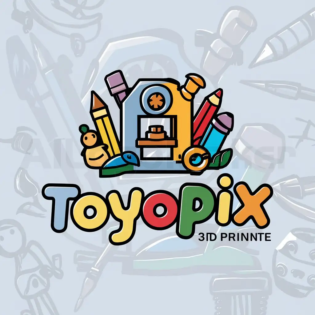 a logo design,with the text "toyopix", main symbol:3D Printing, Children's Drawings, Toys, AccessoriesnStyle: Playful, Creative, Whimsical, Child-friendlynImagery: Child drawing, 3D printer, 3D models, Pencil, Paintbrush, Toy figuresnFont Style: Playful, Friendly, Easy to read, CreativenColor Palette:nLight Blue - Trust, Calmness, FriendlinessnYellow - Happiness, Creativity, EnergynRed - Excitement, Passion, AttentionnGreen - Growth, Creativity, Natur,Moderate,be used in 3d print industry,clear background