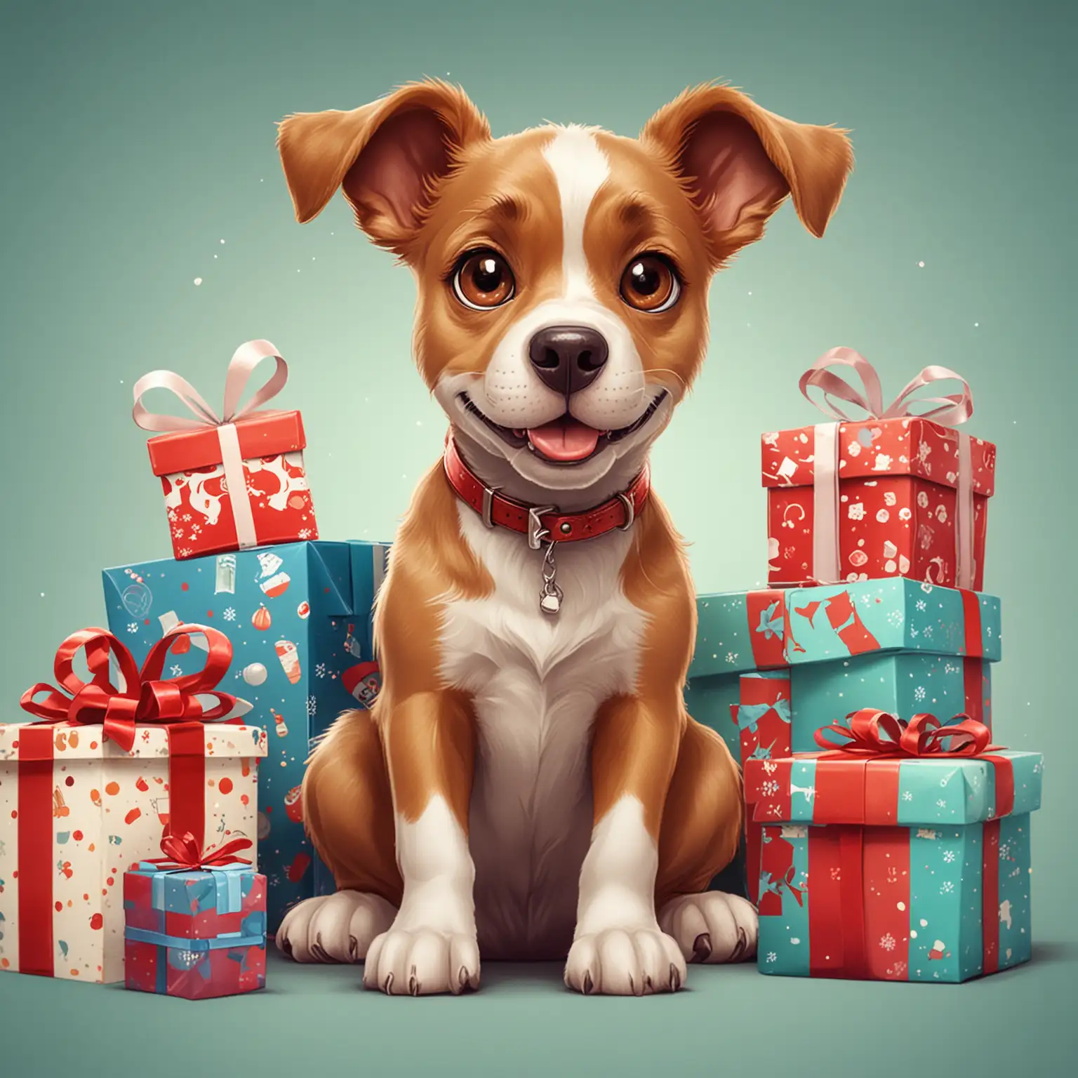 Сделай собаку в мультяшном стиле на фоне с подарками 