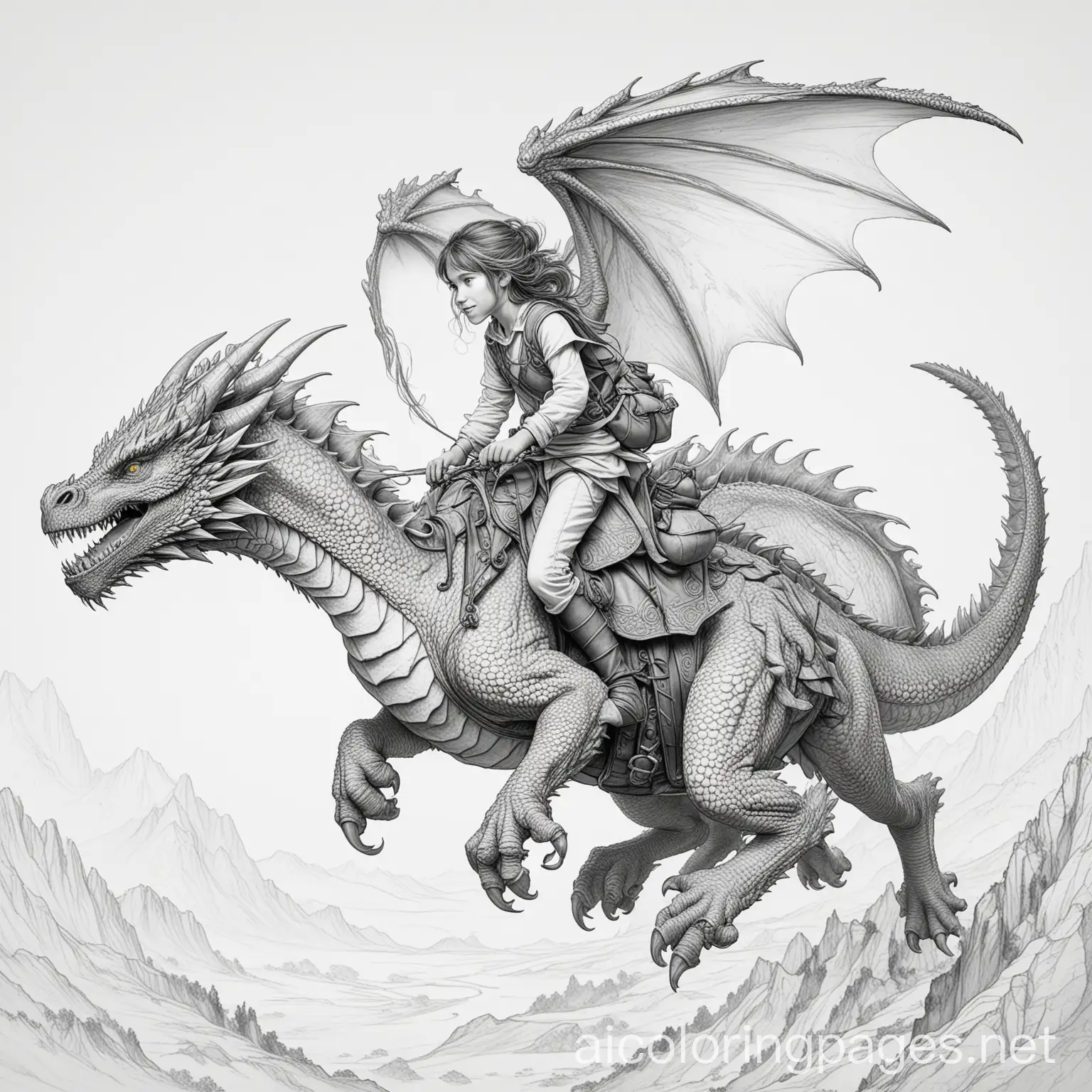 riding on the back of a dragon, Coloring Page, black and white, line art, white background, Simplicity, Ample White Space. The background of the coloring page is plain white to make it easy for young children to color within the lines. The outlines of all the subjects are easy to distinguish, making it simple for kids to color without too much difficulty