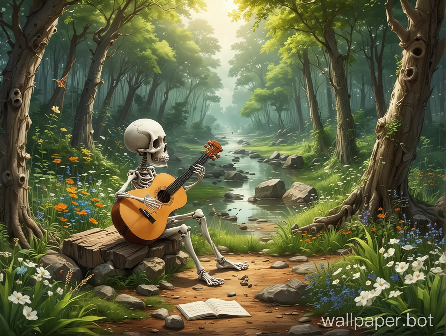A boney enjoying in the nature relaxing humming a melody song surrounded by the artistic environment canvas and stationary . give me a anime version