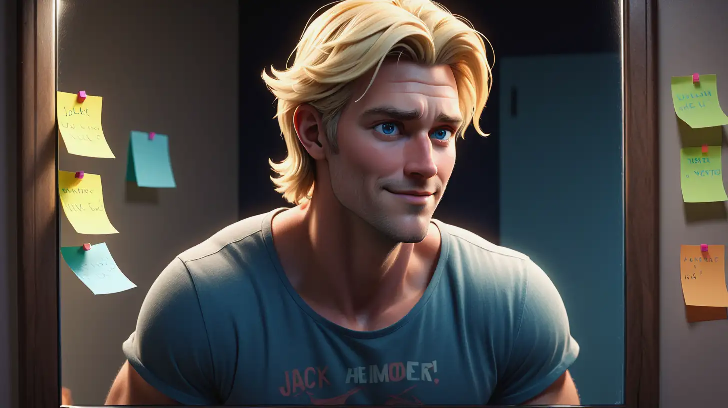 Highly detailed, fantastical style animation with vibrant colors and dramatic, soft lighting, of a rugged, blonde man in his mid-30s named Jack. He has a fit and athletic build, stands 6'2" tall, with short, tousled blonde hair, blue eyes, and a light tan complexion, wearing a loose fitting t-shirt. View from behind Jack looking in a mirror, his reflection has a subtle confident smile, a few post it notes with writing on.