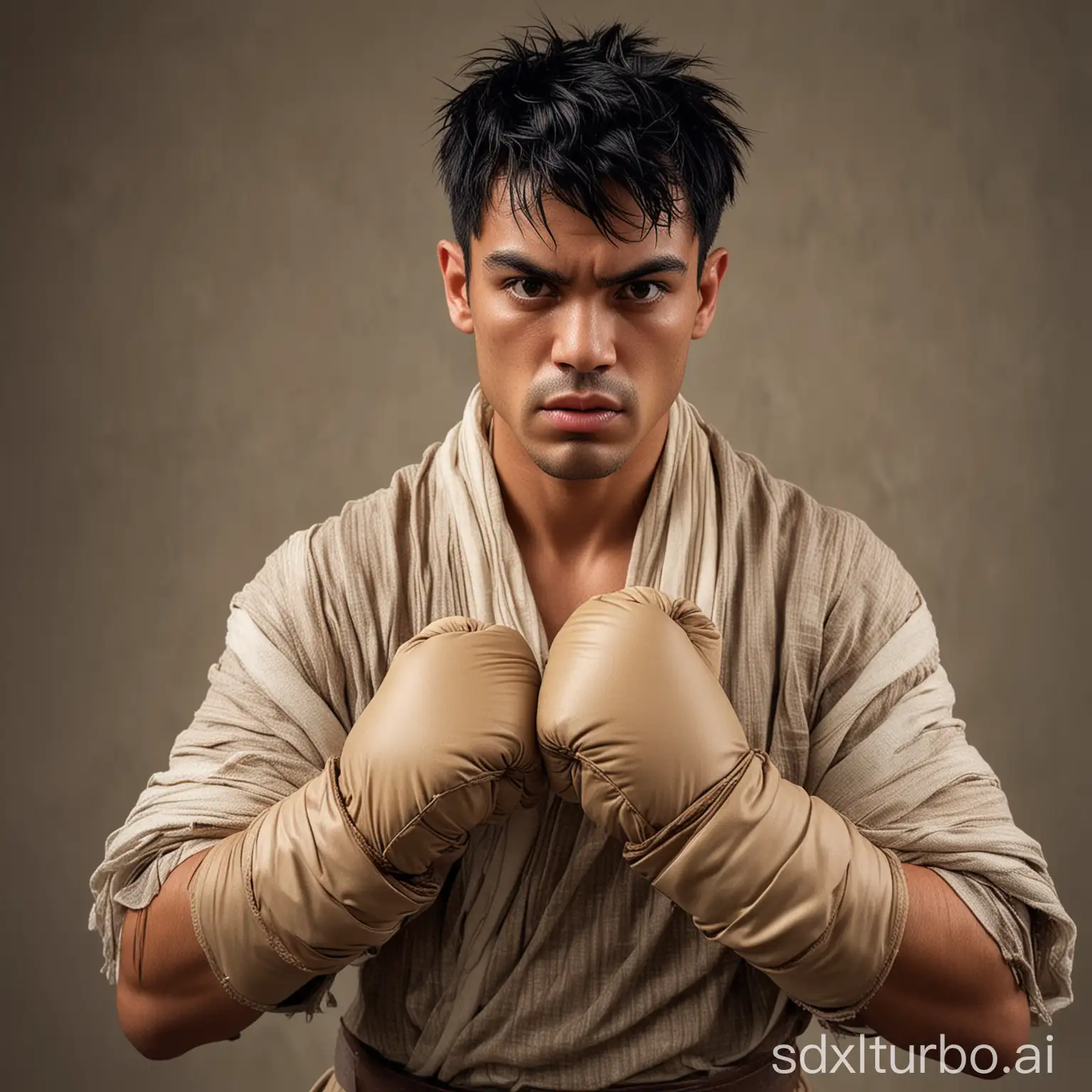 A boxer man with a square face wanting to fight, his hands are wrapped with strips of fabric, he is wearing a loose tunic. Black hair, olive skin, brown eyes, determined and hard