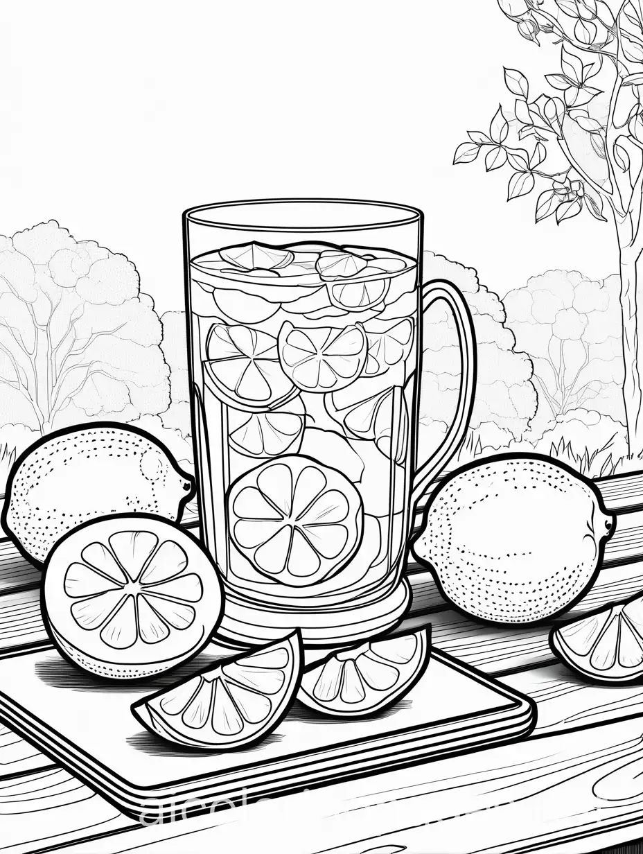 black and white, white background, ample white spaces, line art, coloring book style for makers, still life of a glass of lemonade on a picnic table surrounded by lemons no colors, Coloring Page, black and white, line art, white background, Simplicity, Ample White Space. The background of the coloring page is plain white to make it easy for young children to color within the lines. The outlines of all the subjects are easy to distinguish, making it simple for kids to color without too much difficulty