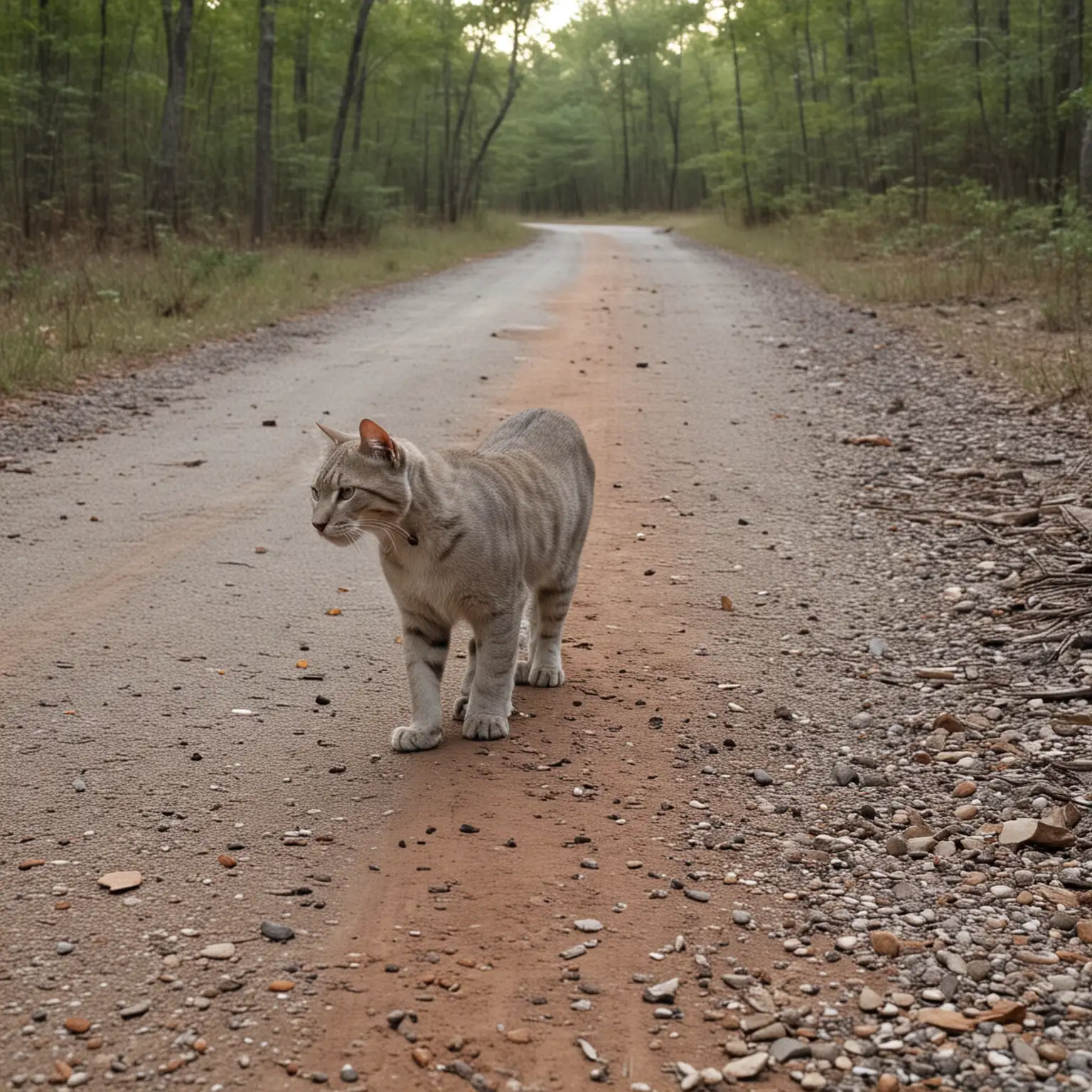 seeing a wampus cat appear on a deserted dirt road in a forest in Arkansas