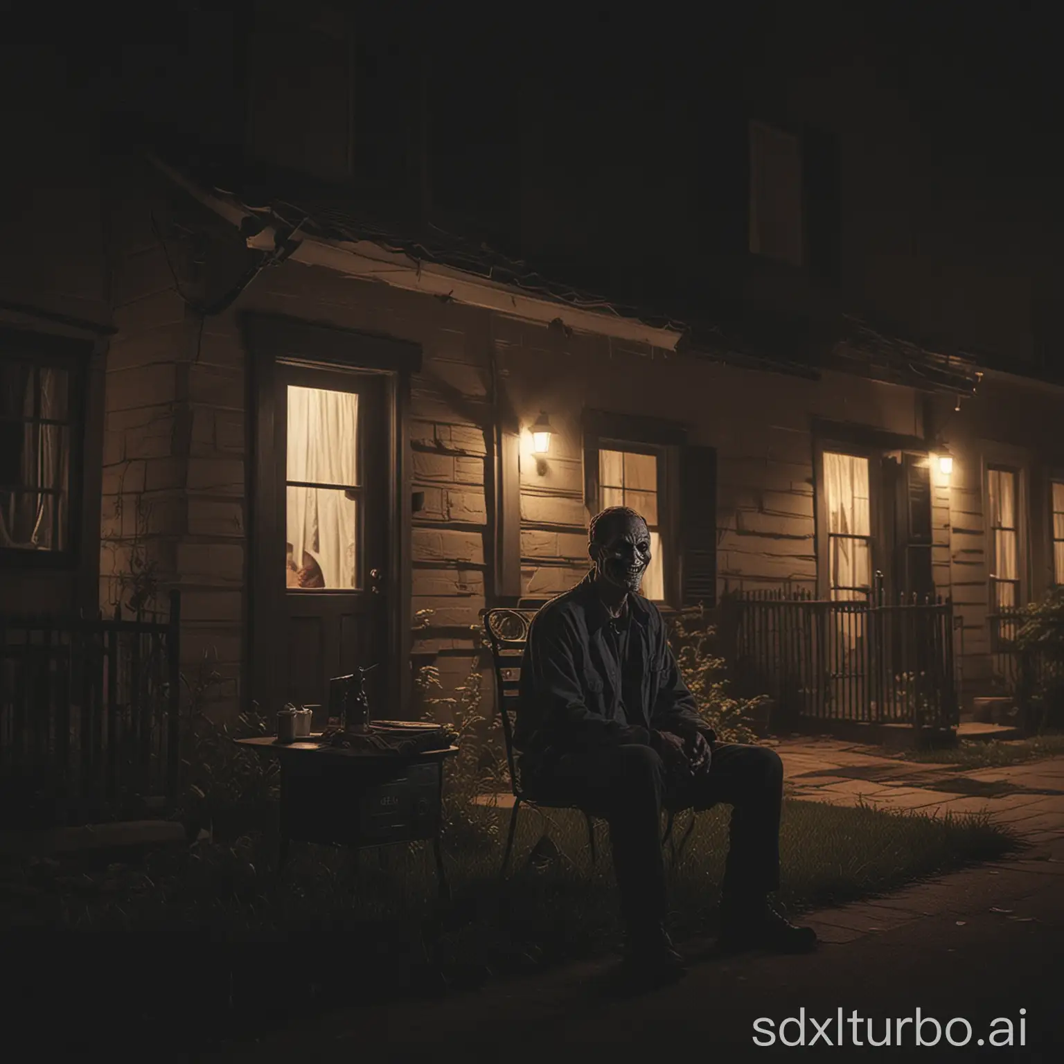 Create a square, 1:1 aspect ratio, high definition, image of a true scary neighbor story. The image must be photorealistic, scary, show a man sitting standing in front of his house, dimly lit, man with a wide evil smile, man with big wide evil grin, crazy smile, man with very wide smile, kidnapper man, murderer man, stalker man, shady, crazy neighbour, mad man, alone, only person, vivid colors, night lights, cinematic, catchy, must pop and catch attention, wide shot. Not a monster, no monstrous faces, no blood, no gore, no horror.