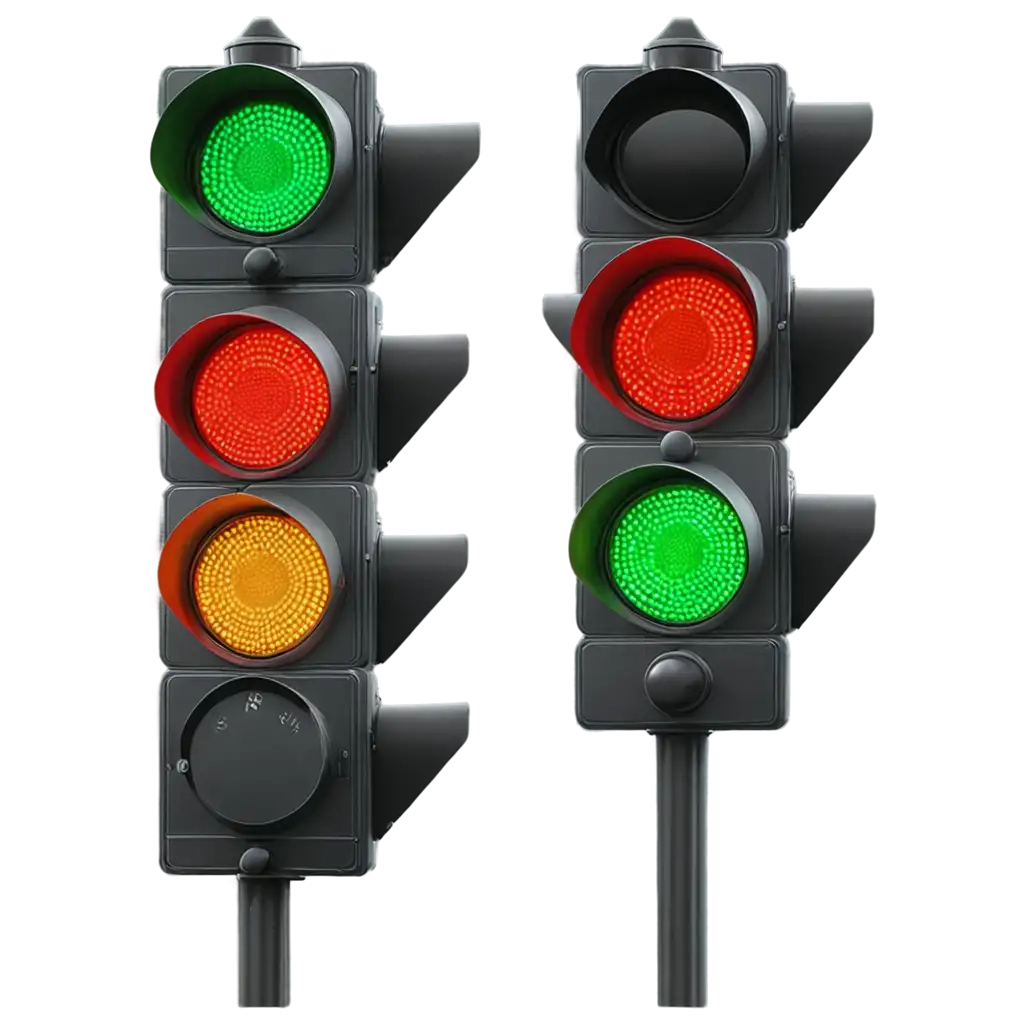 trio of vertical traffic lights displaying red, yellow, and green signals, cut out on transparent background, ultra-realistic and hyper-realistic, detailed light textures, glossy and realistic, professional urban concept art, rendered in 8K resolution, with perfect shading and dramatic lighting

