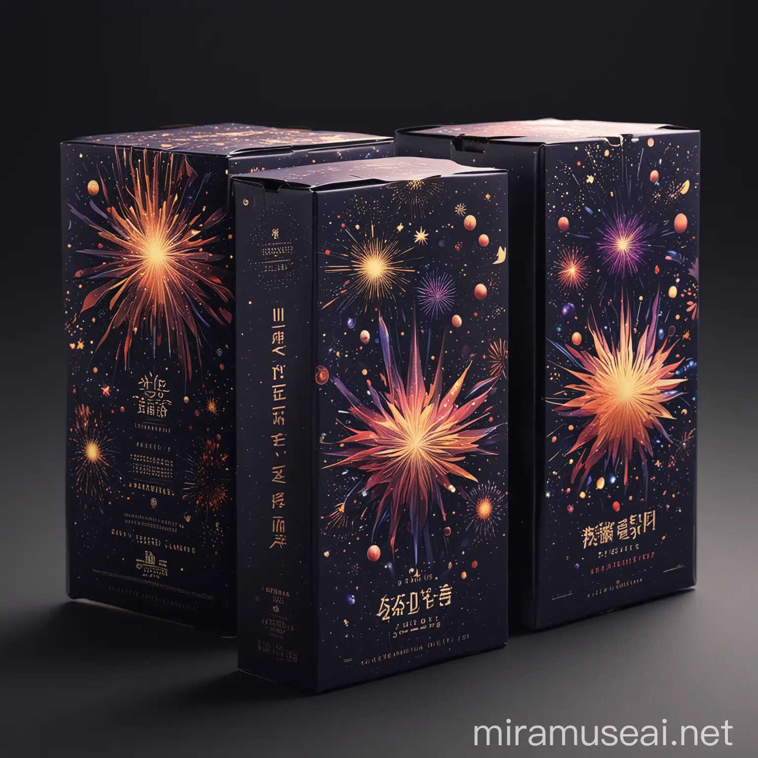 Please provide the fireworks packaging design, I need a series of 5 designs. The design theme is cosmic style and galactic wind. Mysterious and sophisticated feeling. I need 5 designs from the same series.