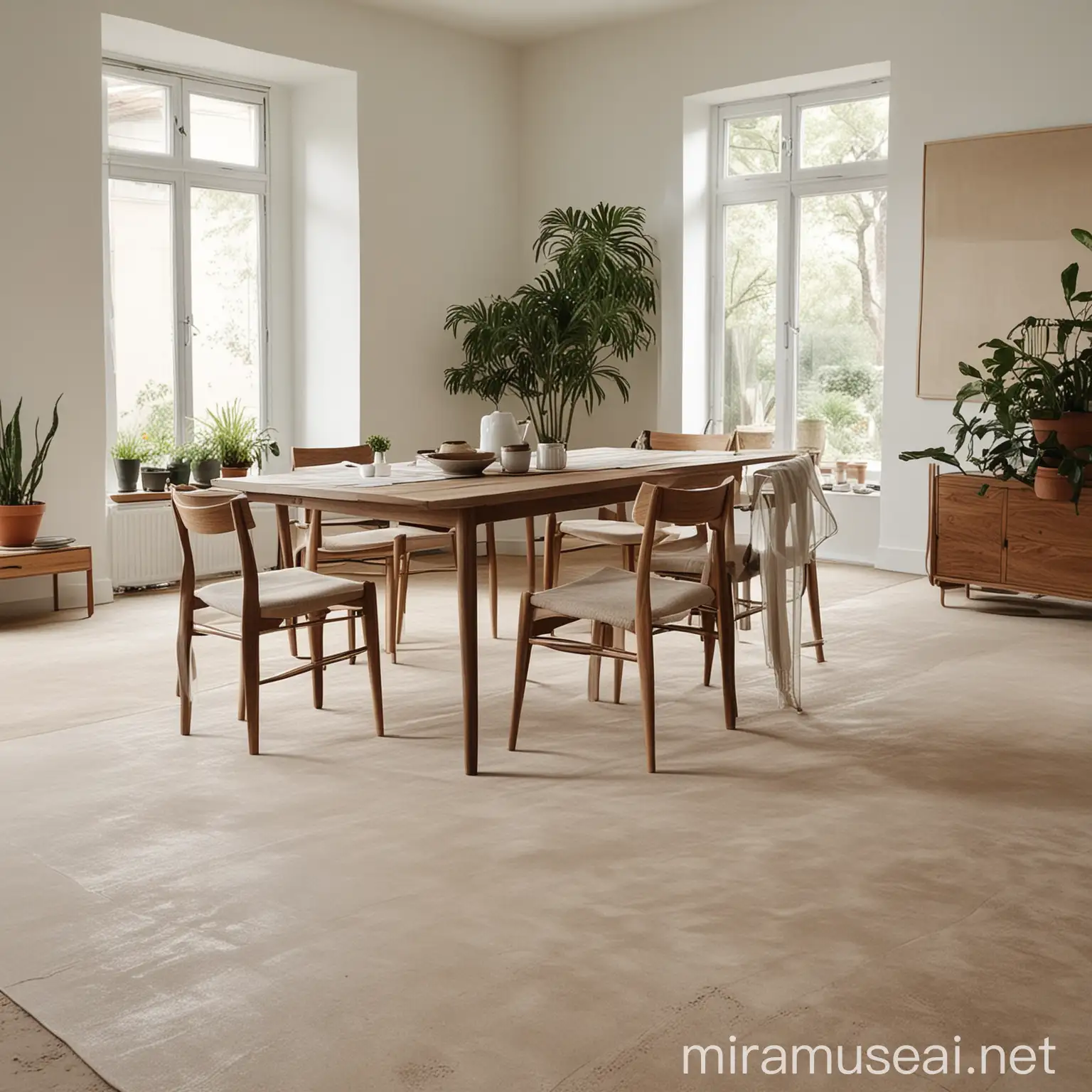 Minimalist Dining Room with Natural Elements and Sandy Carpet