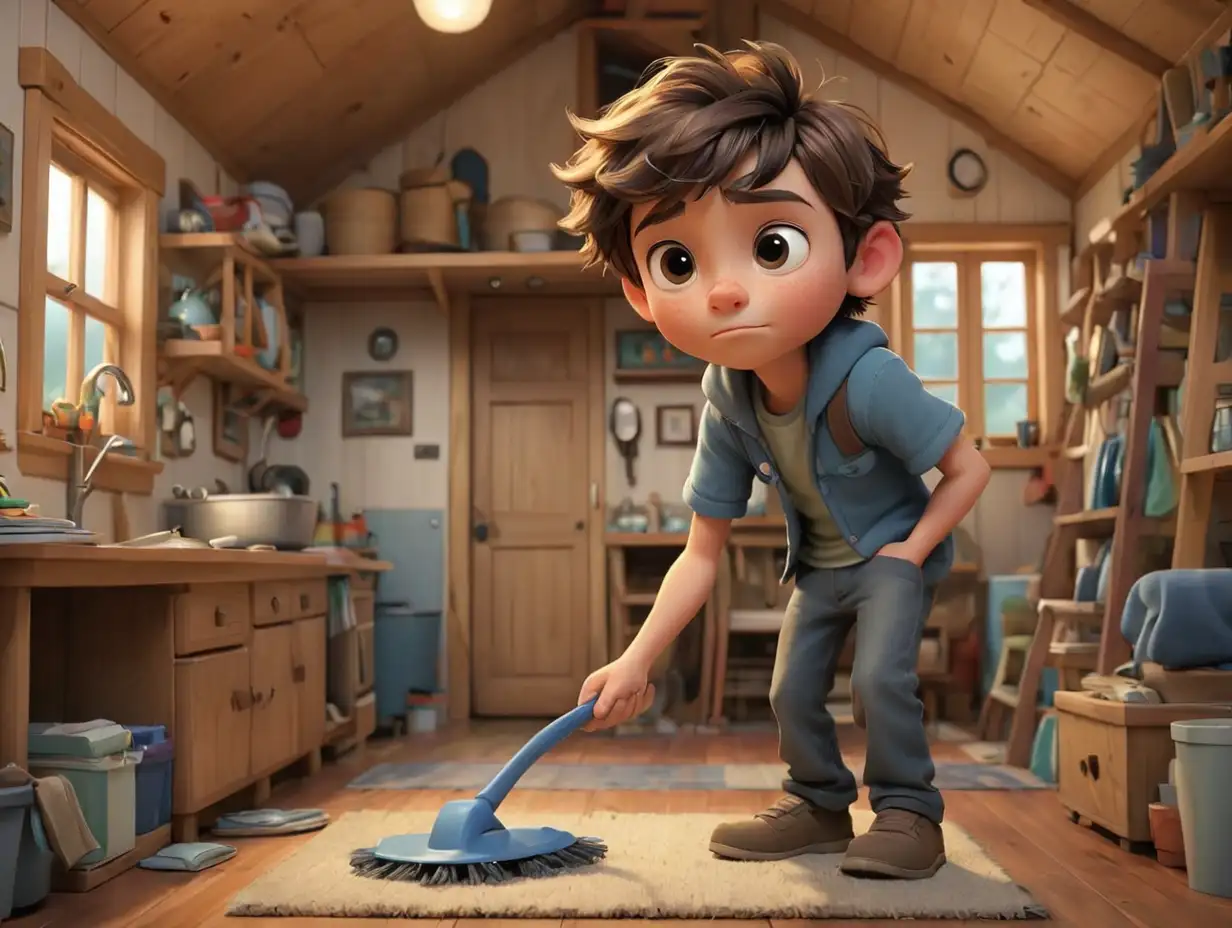 a young boy , Clean the house , n a tiny house, 3d disney inspire