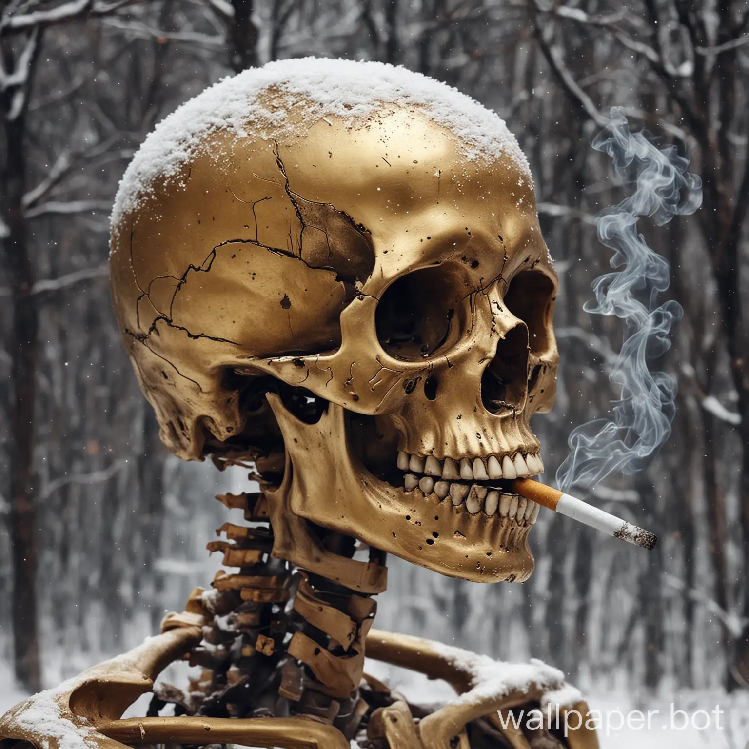 золотой череп, сигарета, зима.
