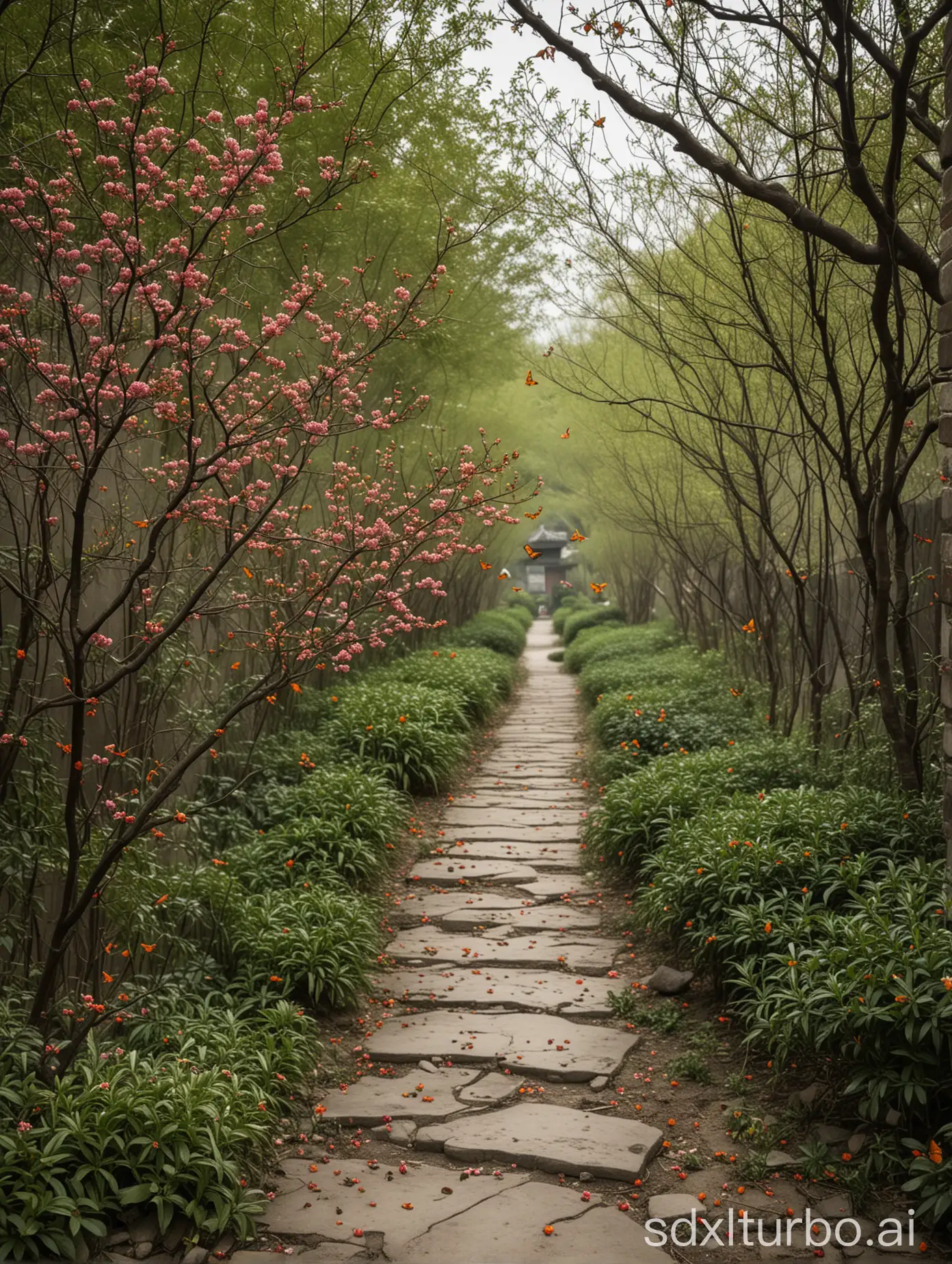 In Huang Siniang's home, the flowers fill the paths, with thousands of buds pressing low on the branches. The lingering butterflies dance from time to time, while the carefree Orioles sing just right.