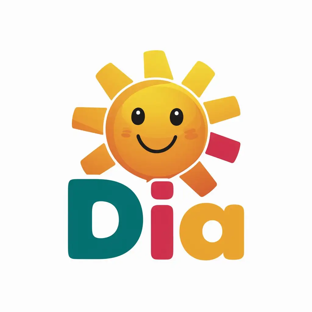 Logo de un sol colorido y animado dirigido a un publico infantil, innovador y de alta calidad, y que diga DIA en la parte inferior, en fondo blanco e incluir una pieza de rompecabezas al logo 