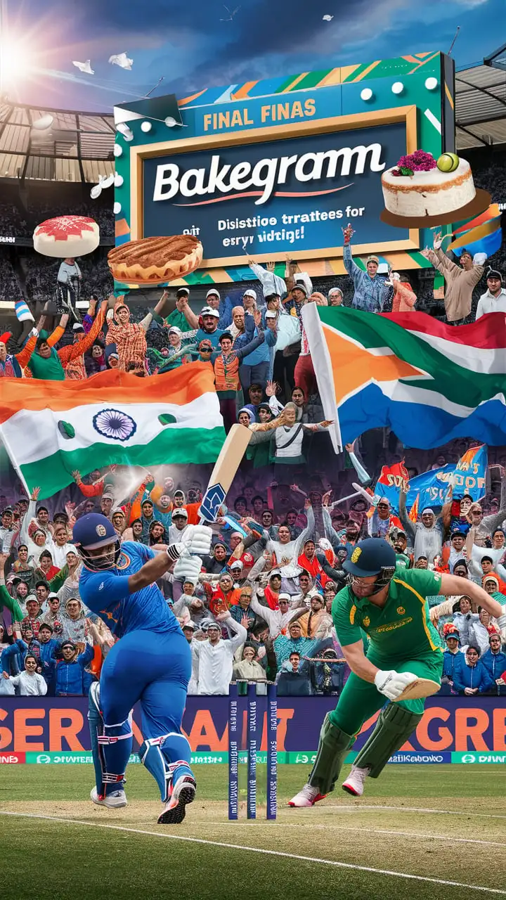 Create an image depicting an intense and thrilling final cricket match between India and South Africa. The stadium is packed with enthusiastic fans waving flags and banners of both nations. In the foreground, focus on a dynamic action shot of a key moment in the match – perhaps a batsman from India hitting a six or a South African bowler delivering a fast ball.  In the background, prominently display a large, vibrant billboard or banner that reads "Bakegram – Delicious Treats for Every Victory!" Ensure that the banner is clearly visible and eye-catching, blending seamlessly into the stadium setting. Add details like cricket-themed pastries or cakes on the banner to highlight the bakery's offerings.  The overall atmosphere should be energetic and celebratory, capturing the excitement of a high-stakes cricket final.