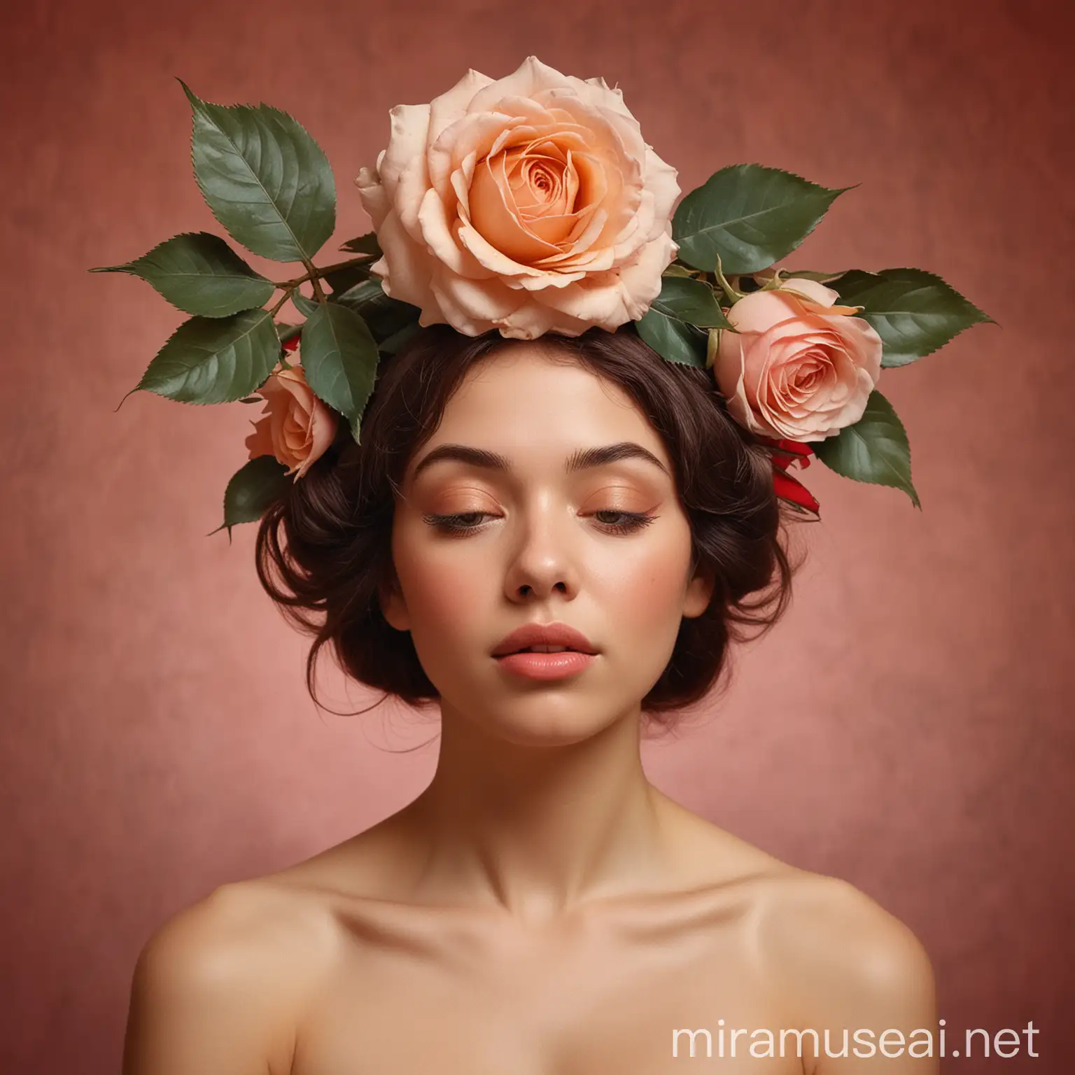Liberated Woman with Blooming Rose Crown on ColdColored Background
