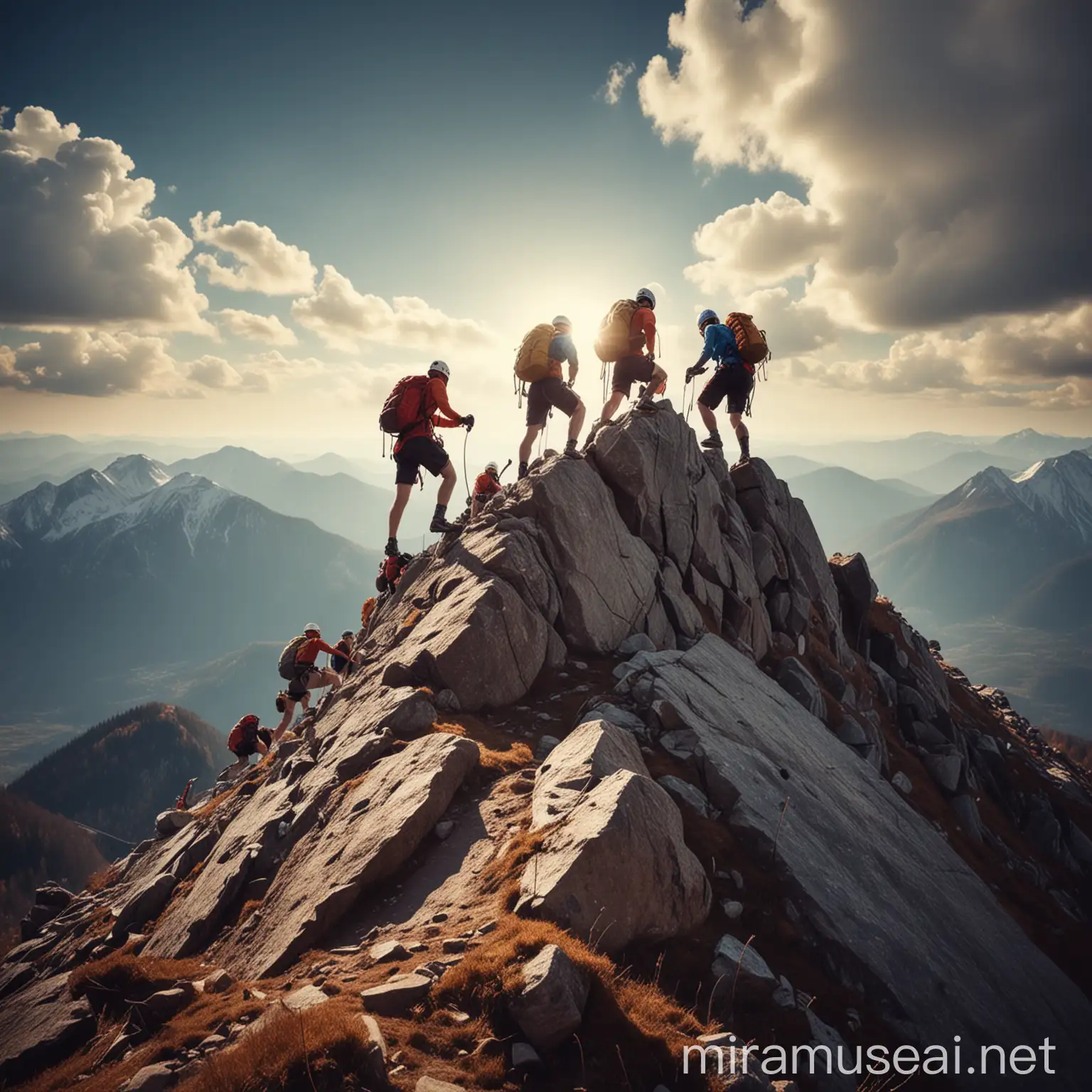 Team Climbing a Mountain to Kick Off a New Quarter with Tough Goals and Strong Motivation