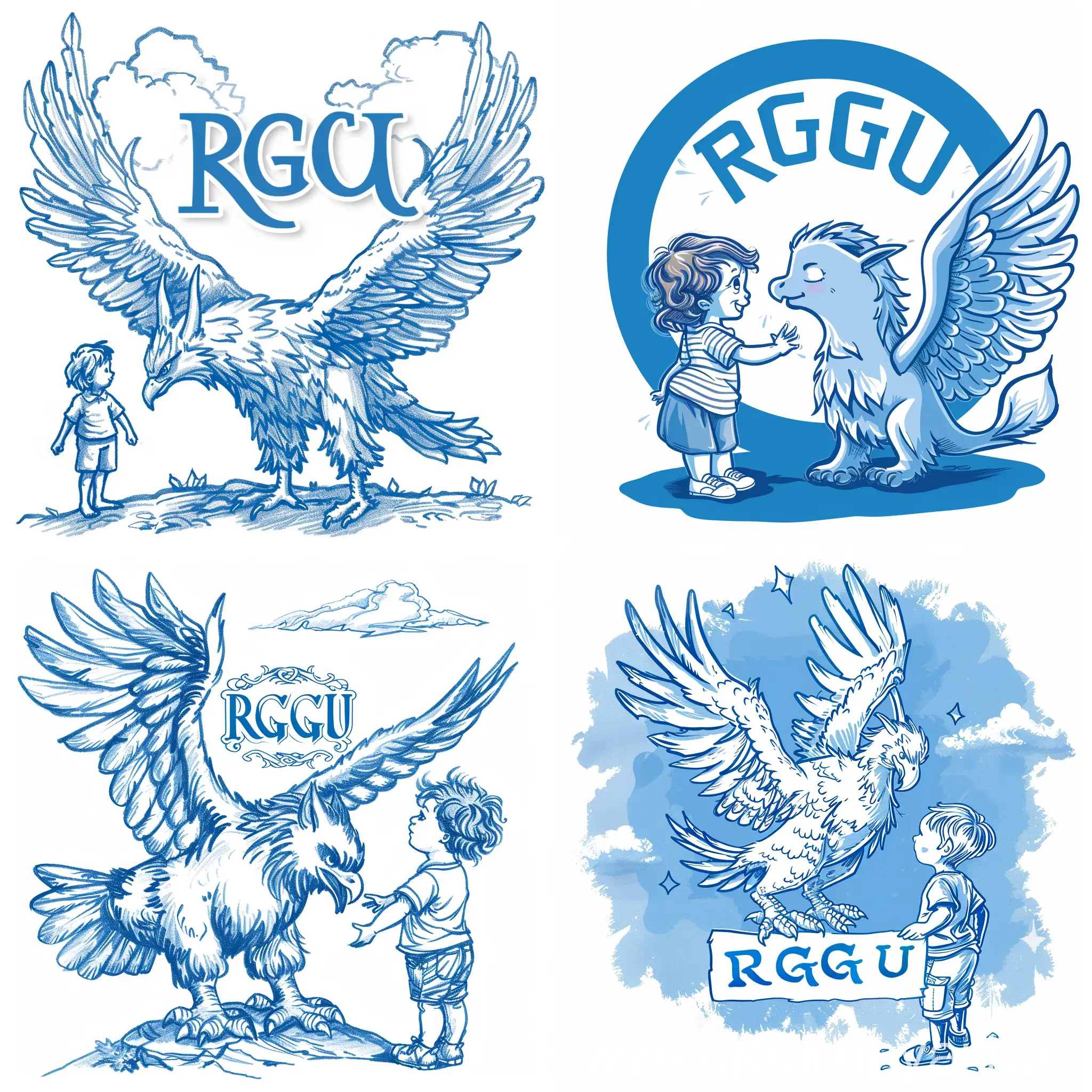 нарисуй логотип рггу с птицей грифоном ребенком который собирается поступать в рггу синий цвет
